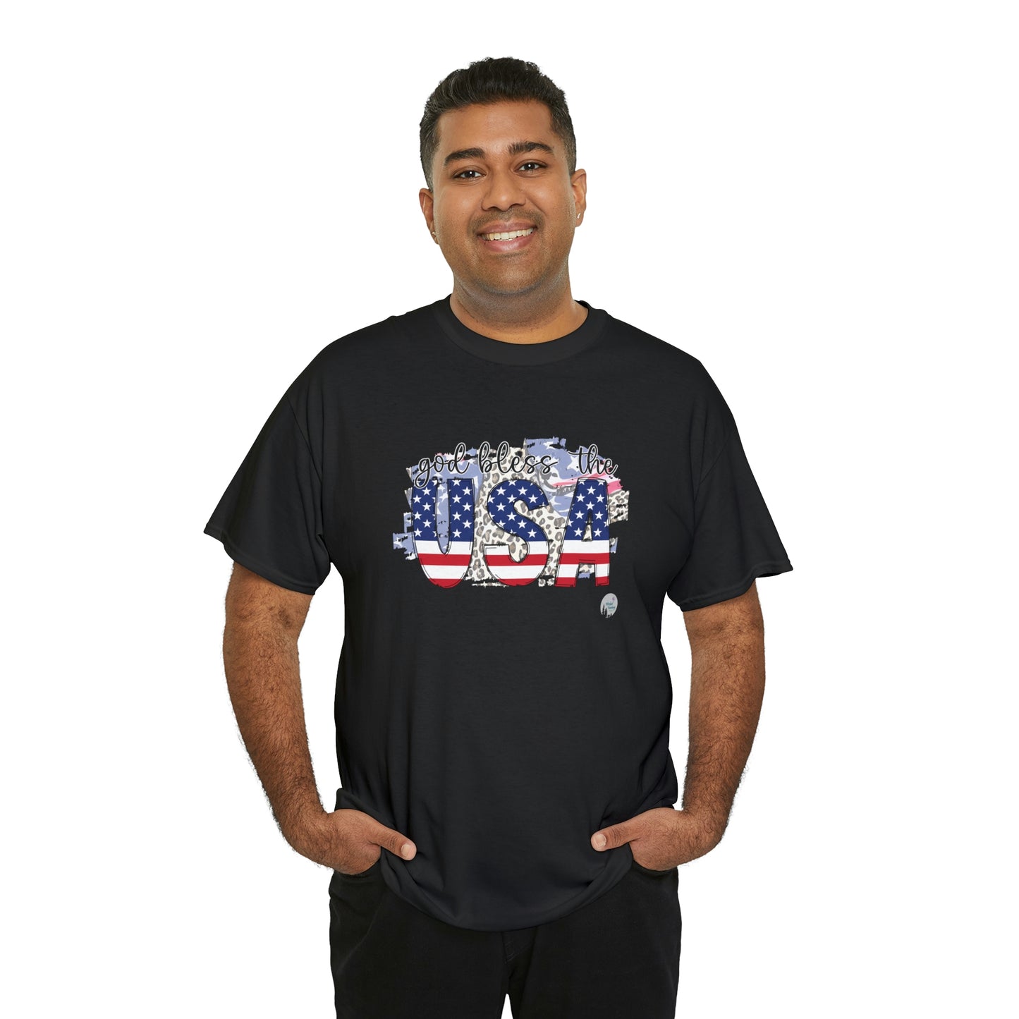 God Bless the USA Leopard American Flag Patriotic Heavy Cotton Tee