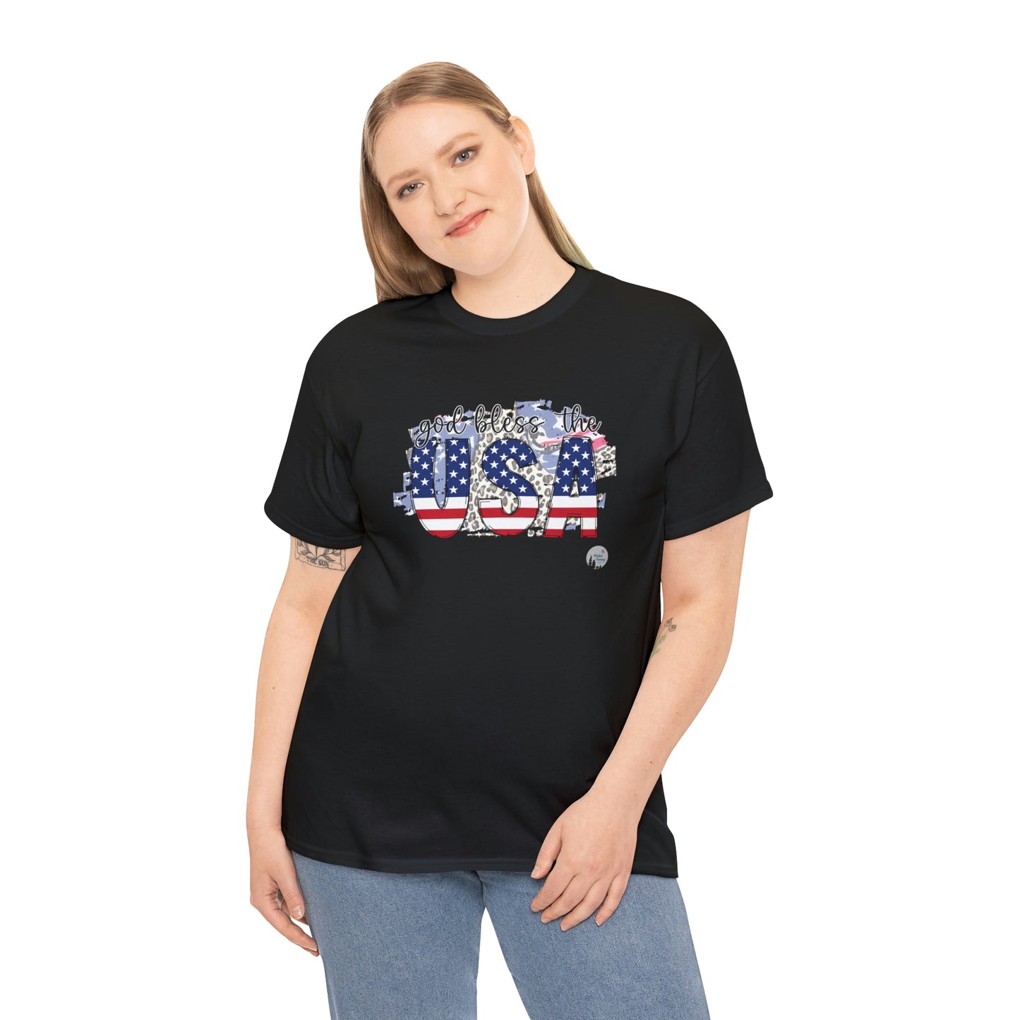 God Bless the USA Leopard American Flag Patriotic Heavy Cotton Tee