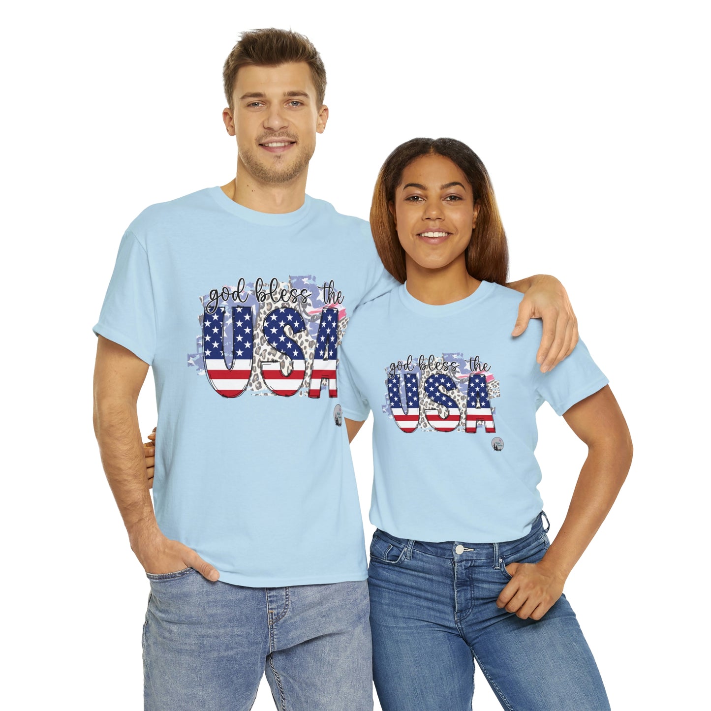 God Bless the USA Leopard American Flag Patriotic Heavy Cotton Tee