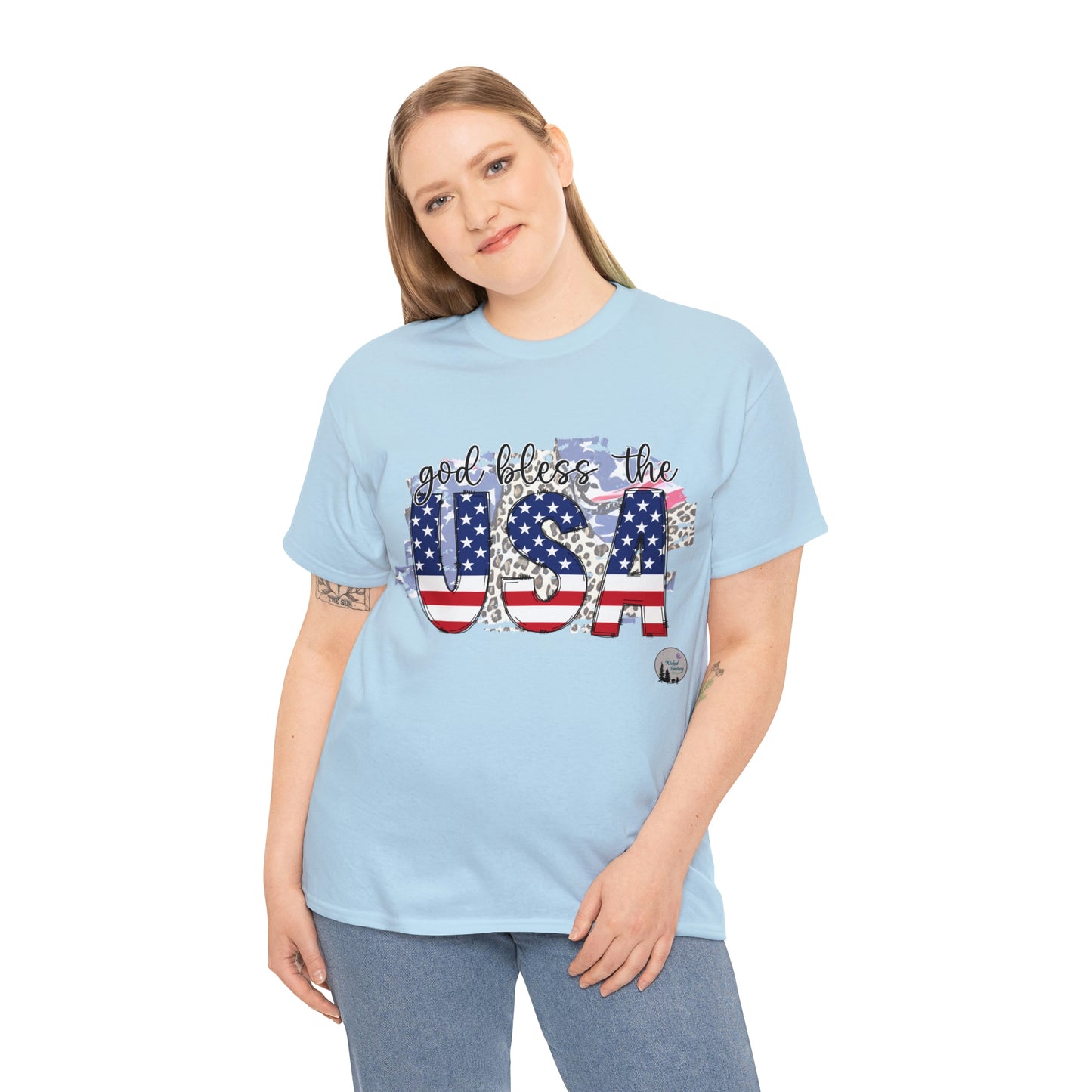 God Bless the USA Leopard American Flag Patriotic Heavy Cotton Tee