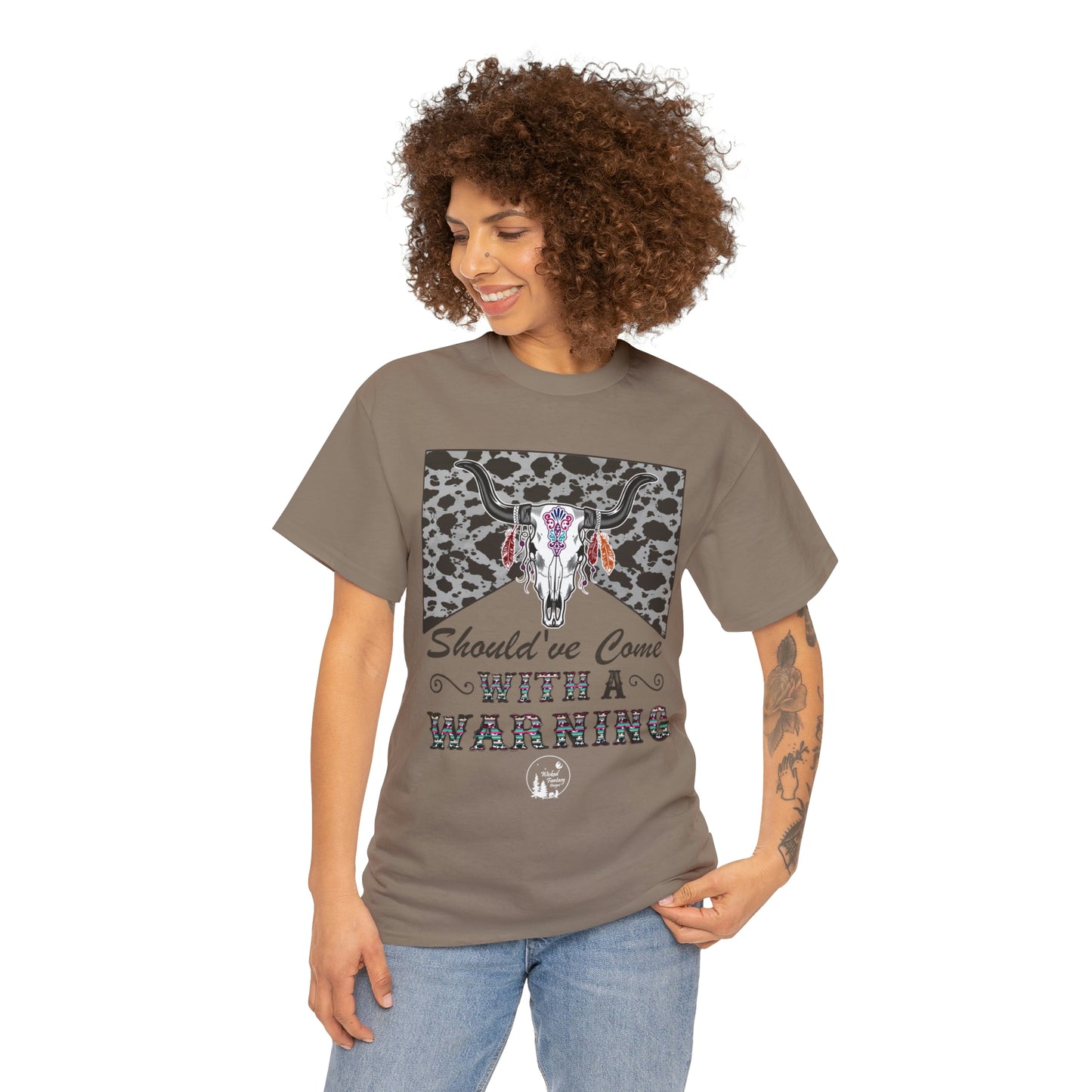 Should Have Come With A Warning Cow Hide Leopard Serape Western Boho Heavy Cotton Tee