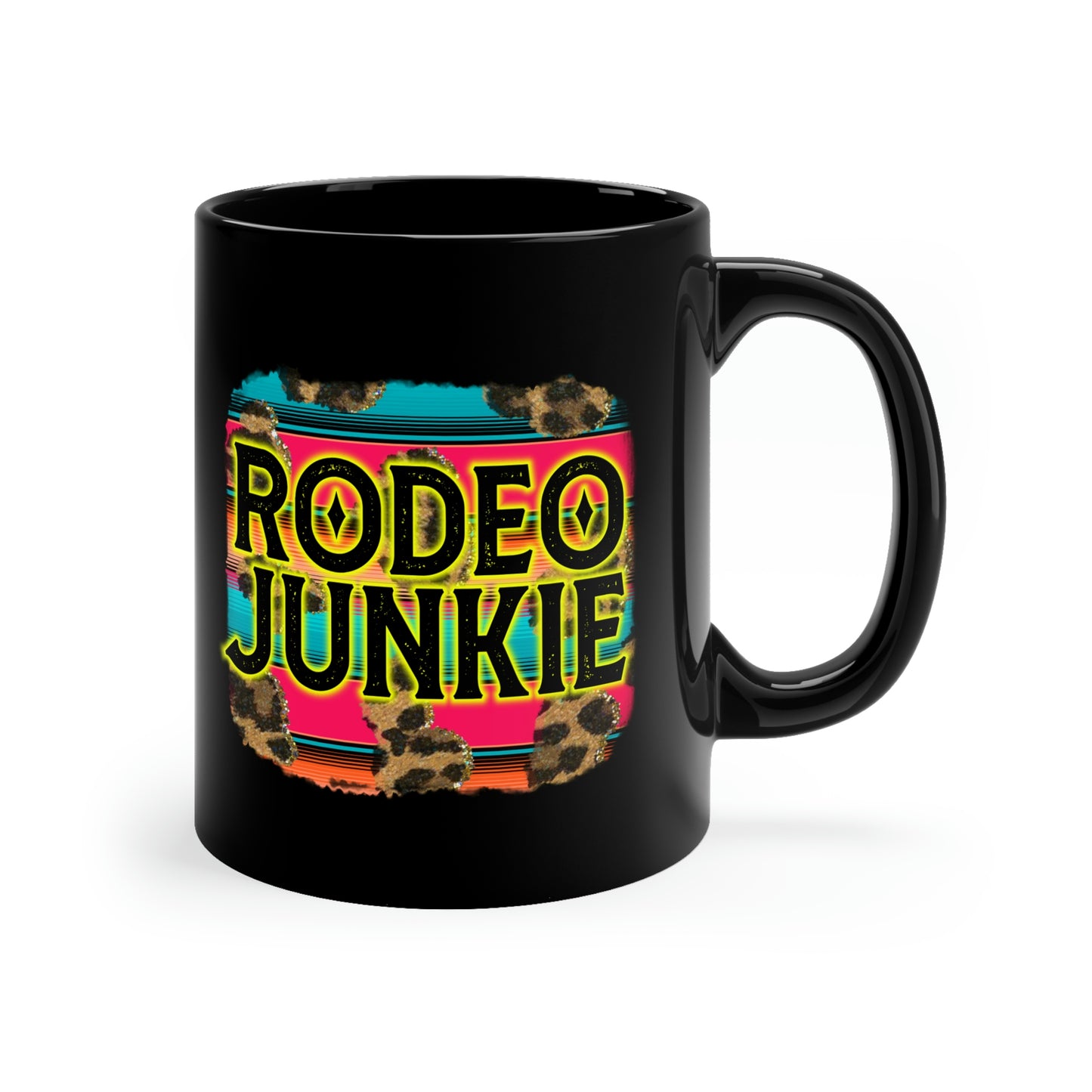 Rodeo Junkie Leopard Serape Western 11oz Black Mug