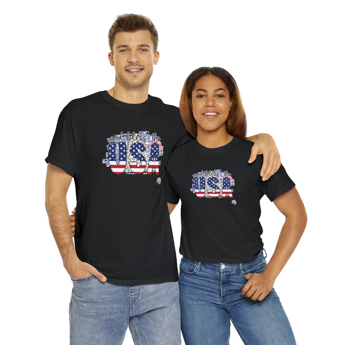 God Bless the USA Leopard American Flag Patriotic Heavy Cotton Tee