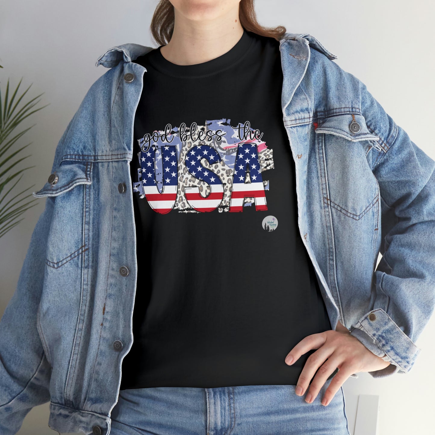 God Bless the USA Leopard American Flag Patriotic Heavy Cotton Tee