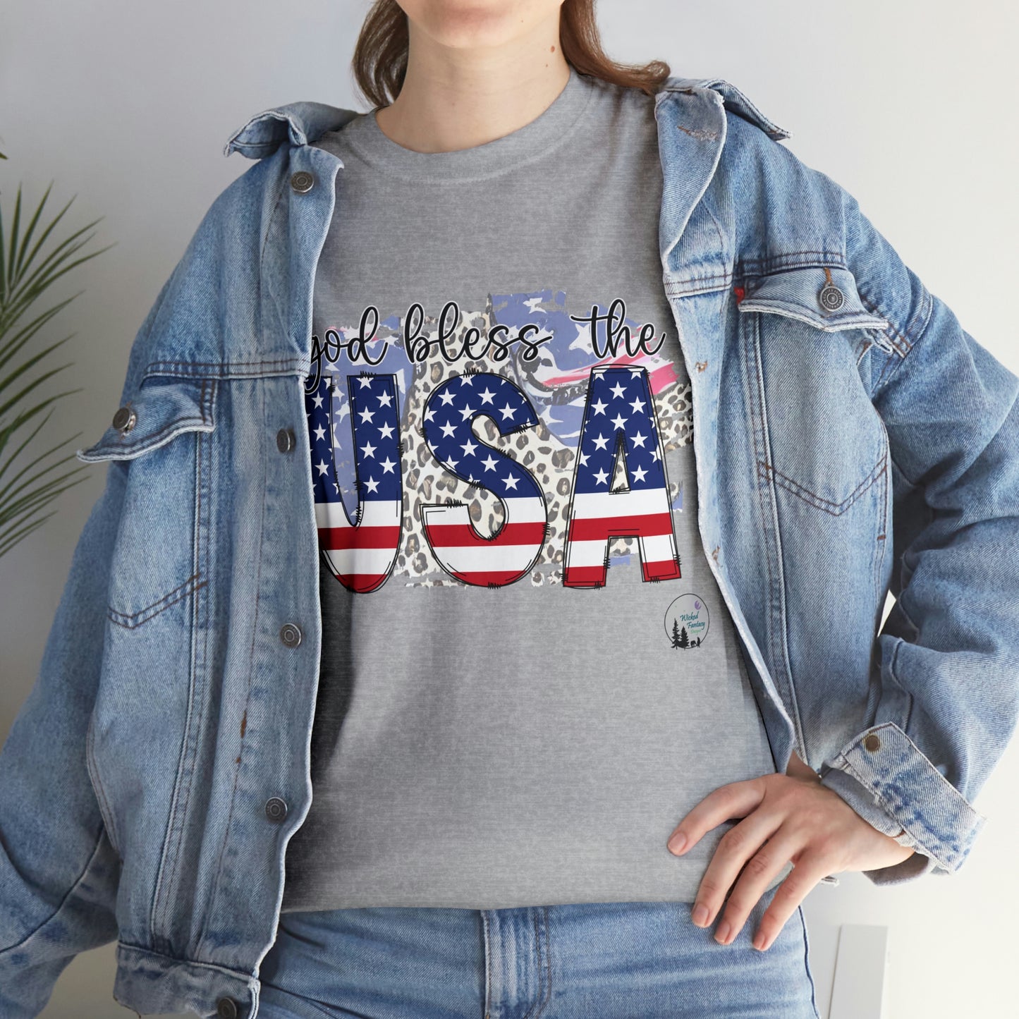 God Bless the USA Leopard American Flag Patriotic Heavy Cotton Tee