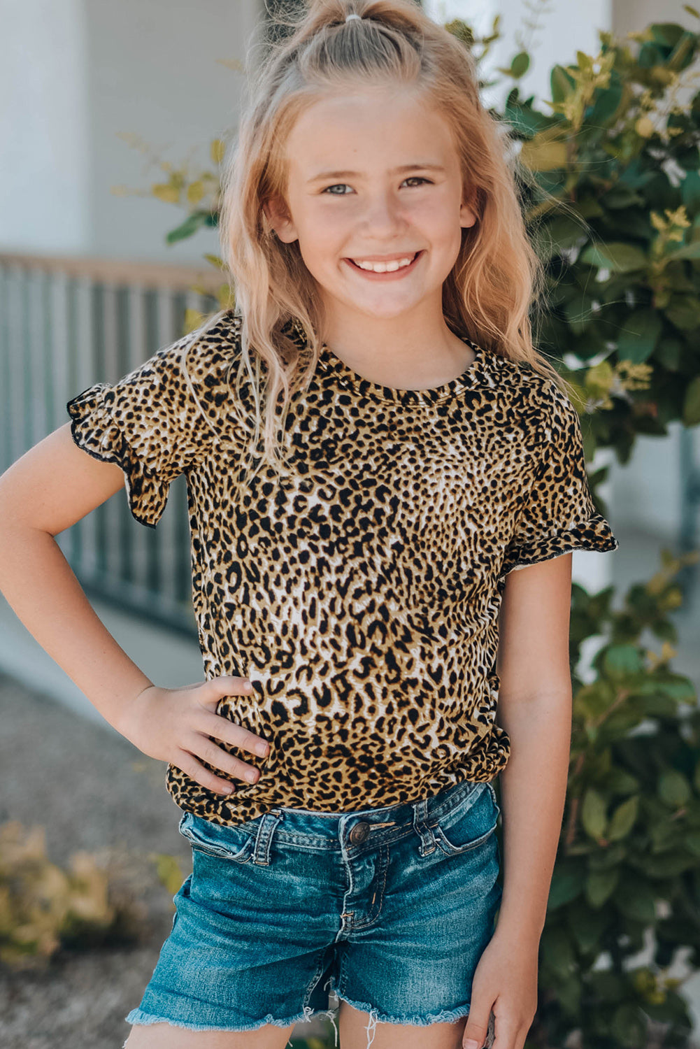 Girls Leopard Short Flounce Sleeve Tee