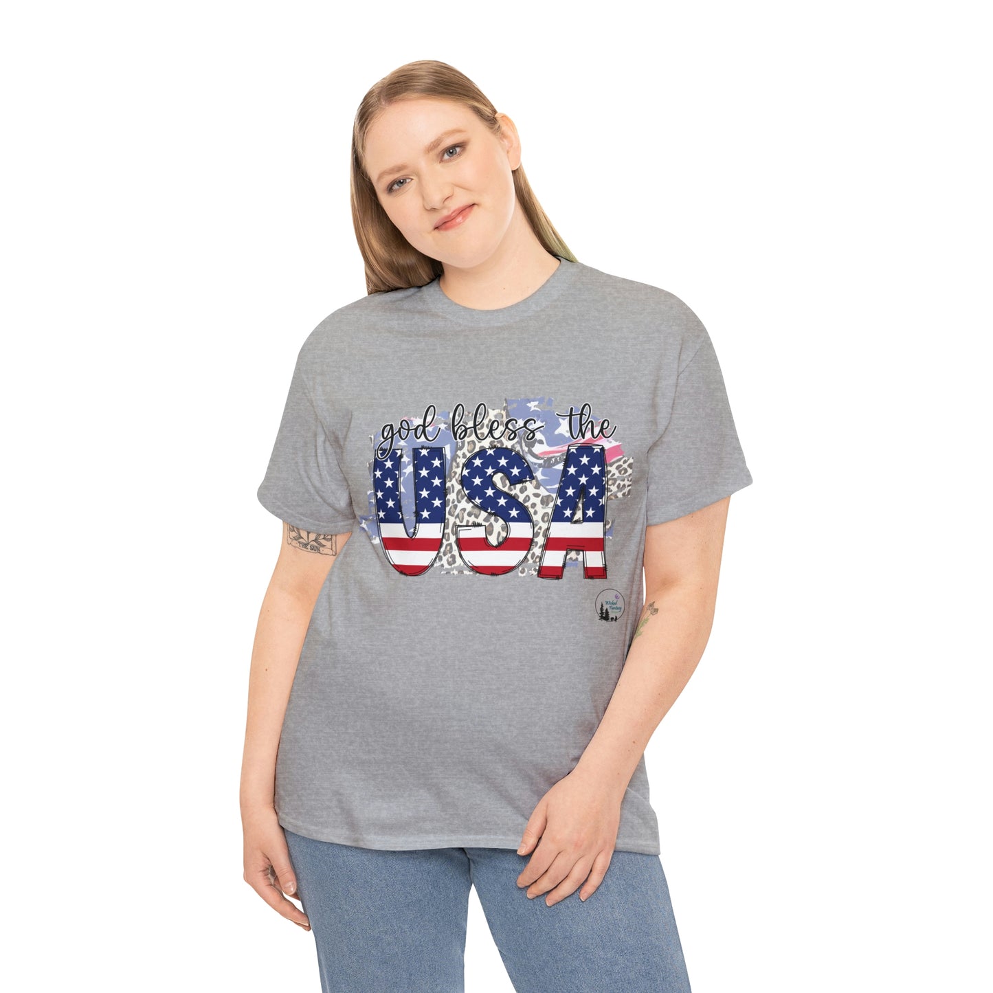 God Bless the USA Leopard American Flag Patriotic Heavy Cotton Tee