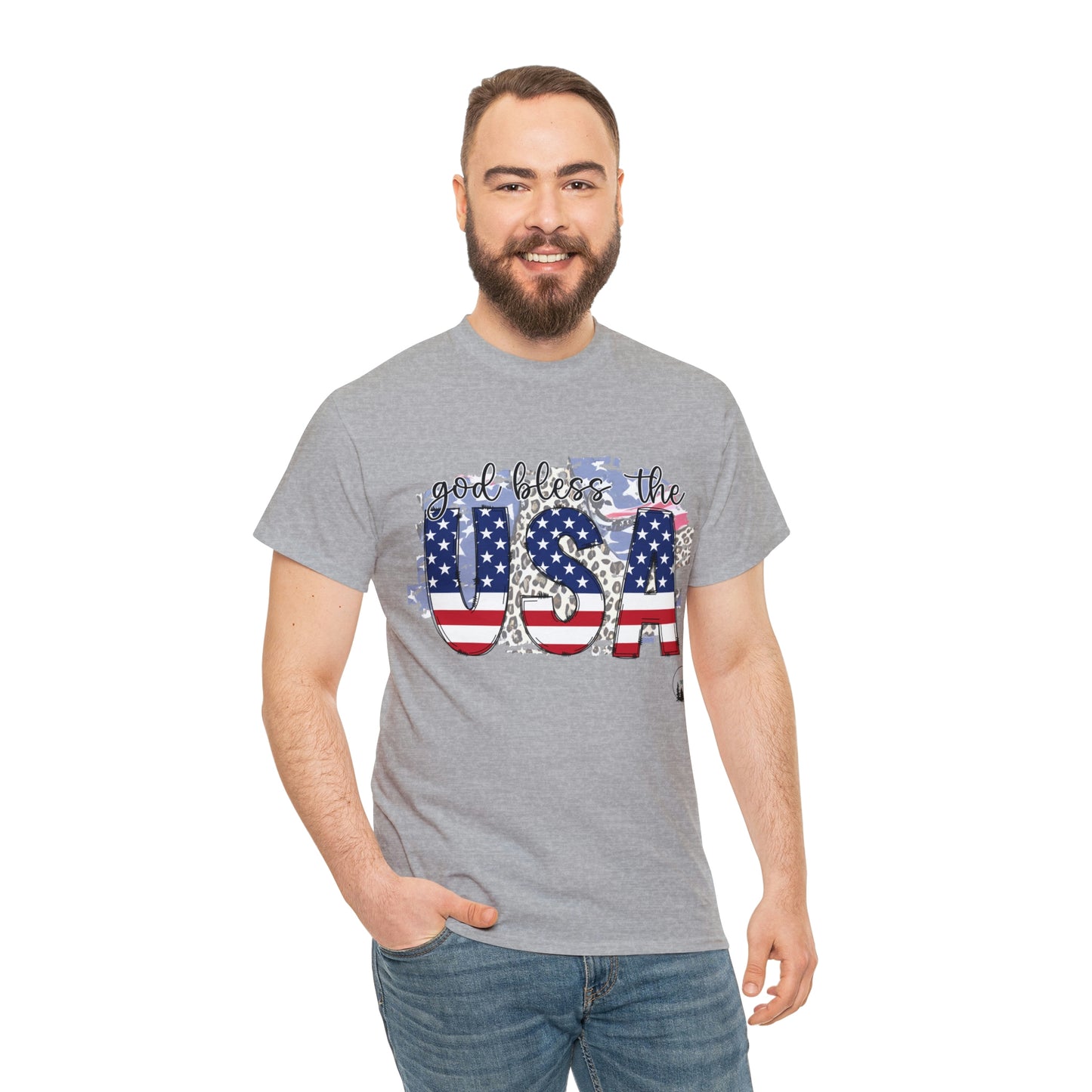 God Bless the USA Leopard American Flag Patriotic Heavy Cotton Tee