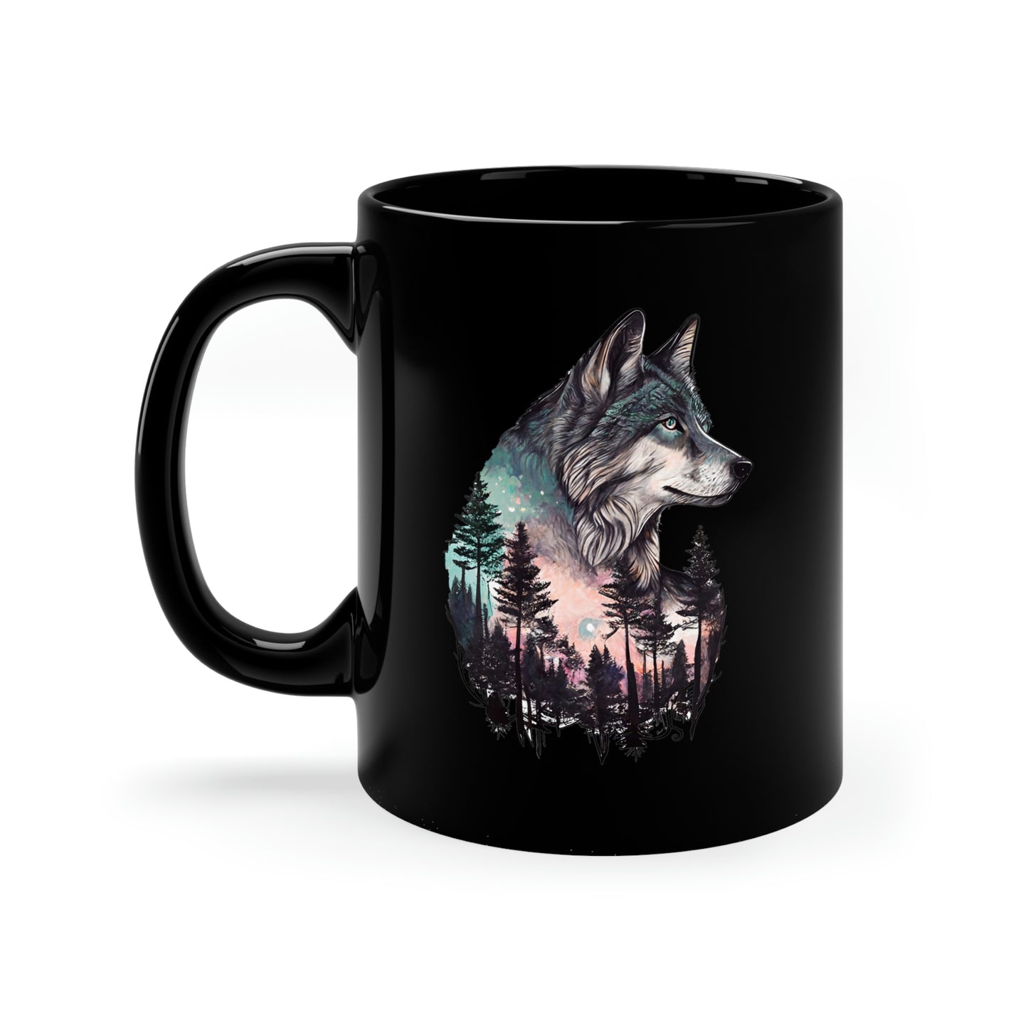 Wolf Forest Mountains Painting 11oz Black Mug