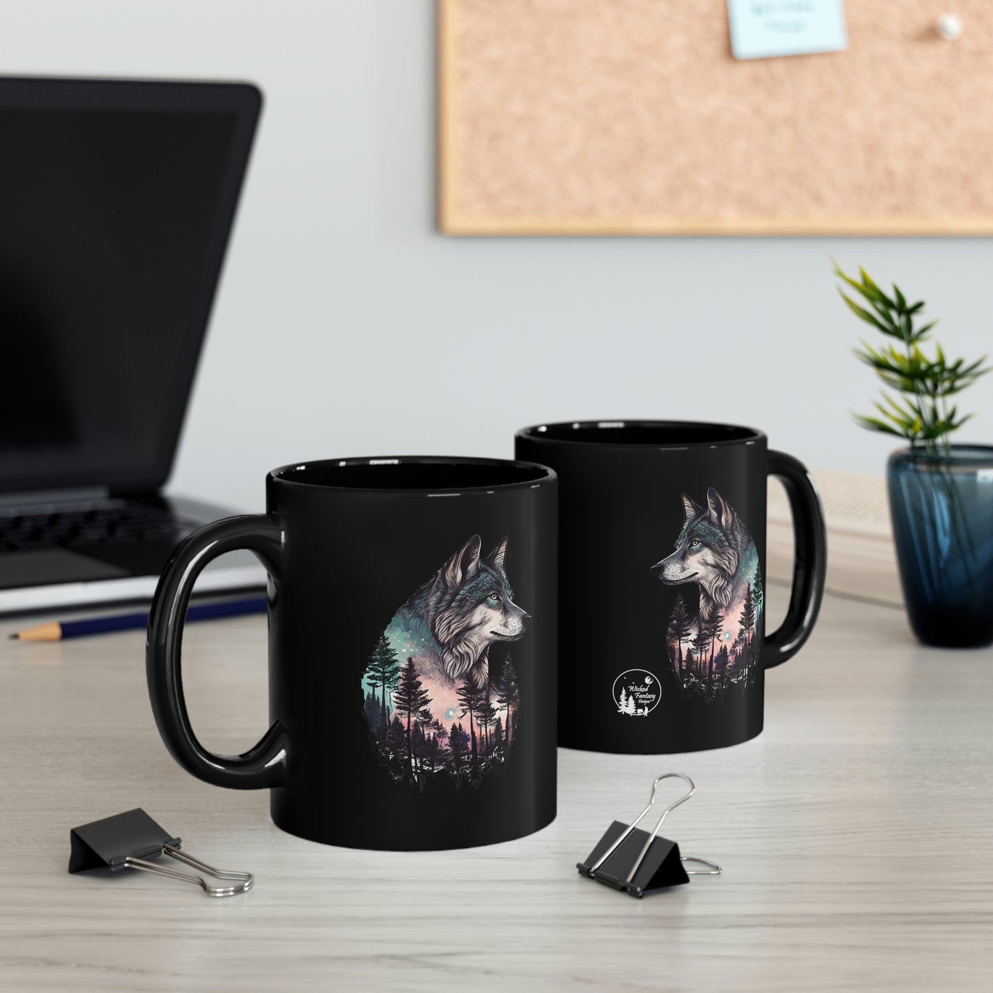 Wolf Forest Mountains Painting 11oz Black Mug