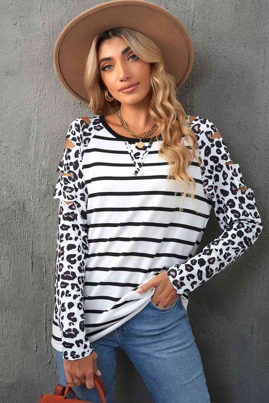 Leopard Print Striped Distressed Long Sleeve Tee