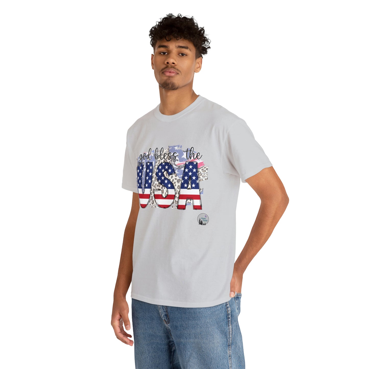 God Bless the USA Leopard American Flag Patriotic Heavy Cotton Tee