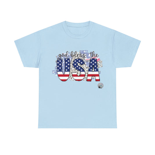 God Bless the USA Leopard American Flag Patriotic Heavy Cotton Tee