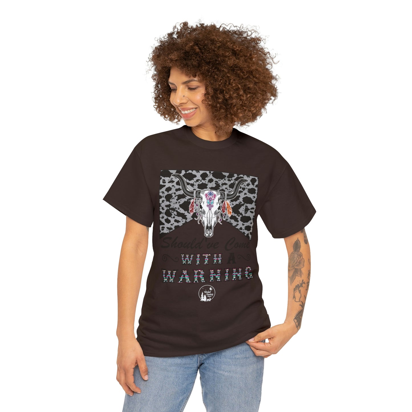 Should Have Come With A Warning Cow Hide Leopard Serape Western Boho Heavy Cotton Tee