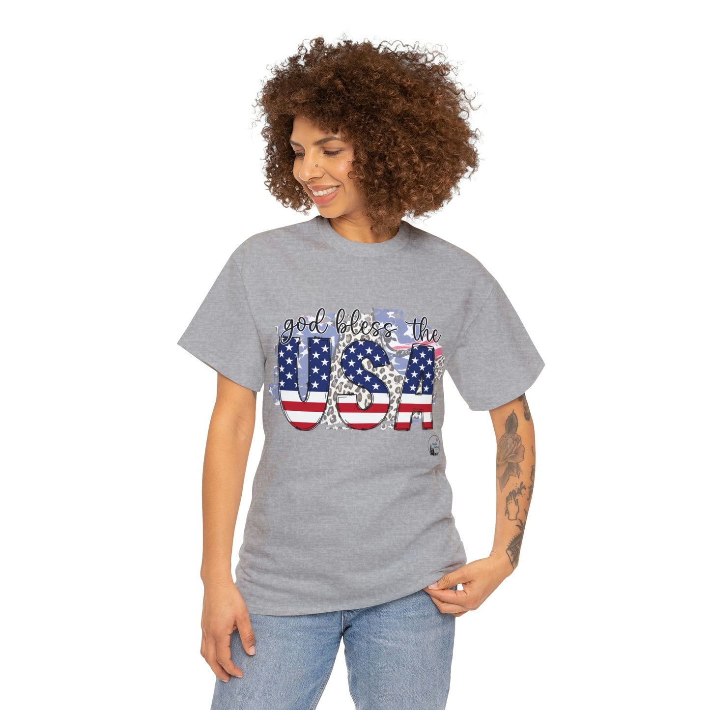 God Bless the USA Leopard American Flag Patriotic Heavy Cotton Tee