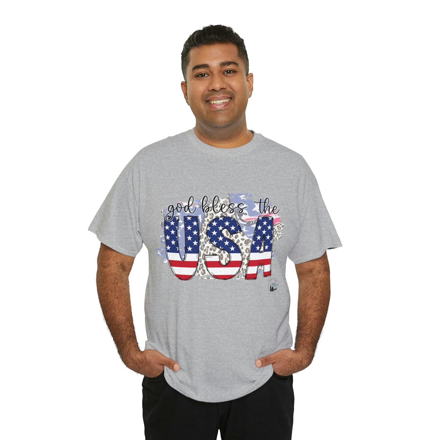 God Bless the USA Leopard American Flag Patriotic Heavy Cotton Tee