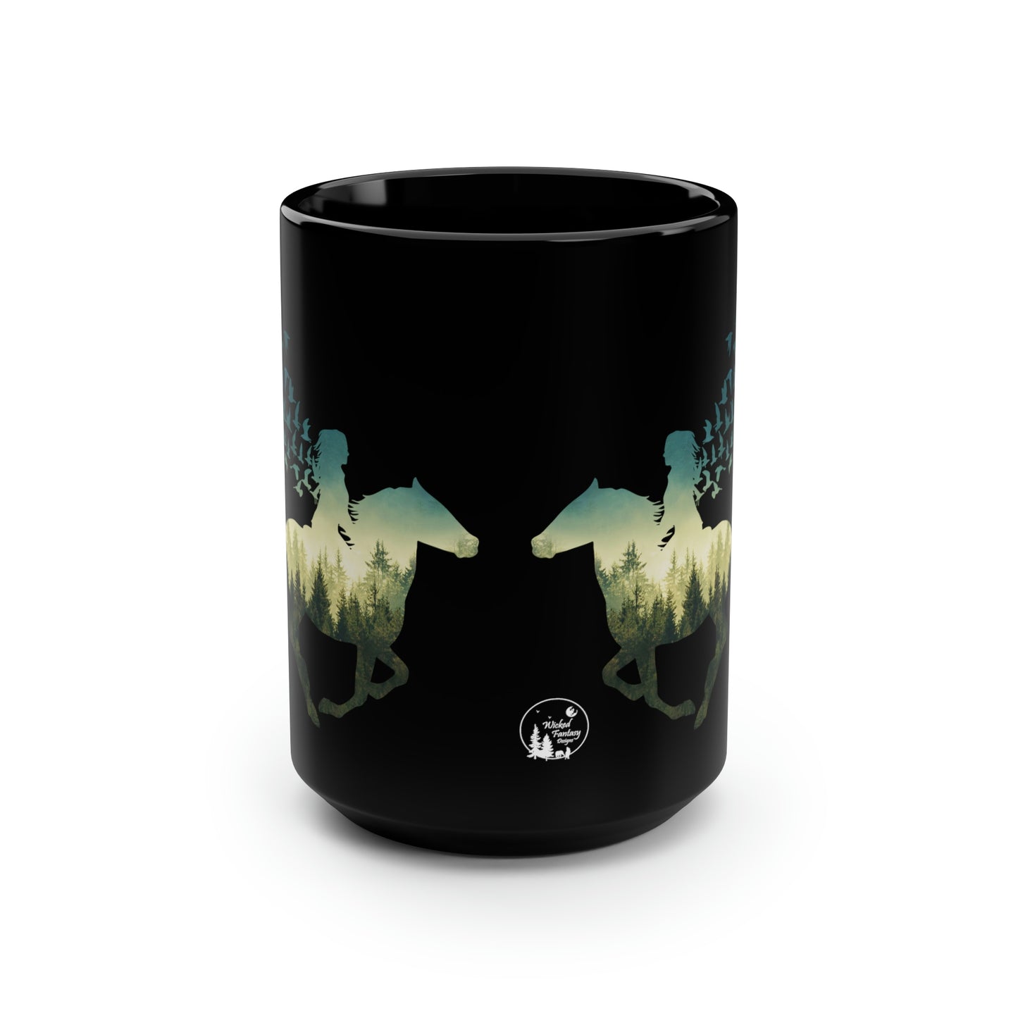 Horse and Rider Running Birds Flying Free Forest Mug, coffee tea black mug 15oz