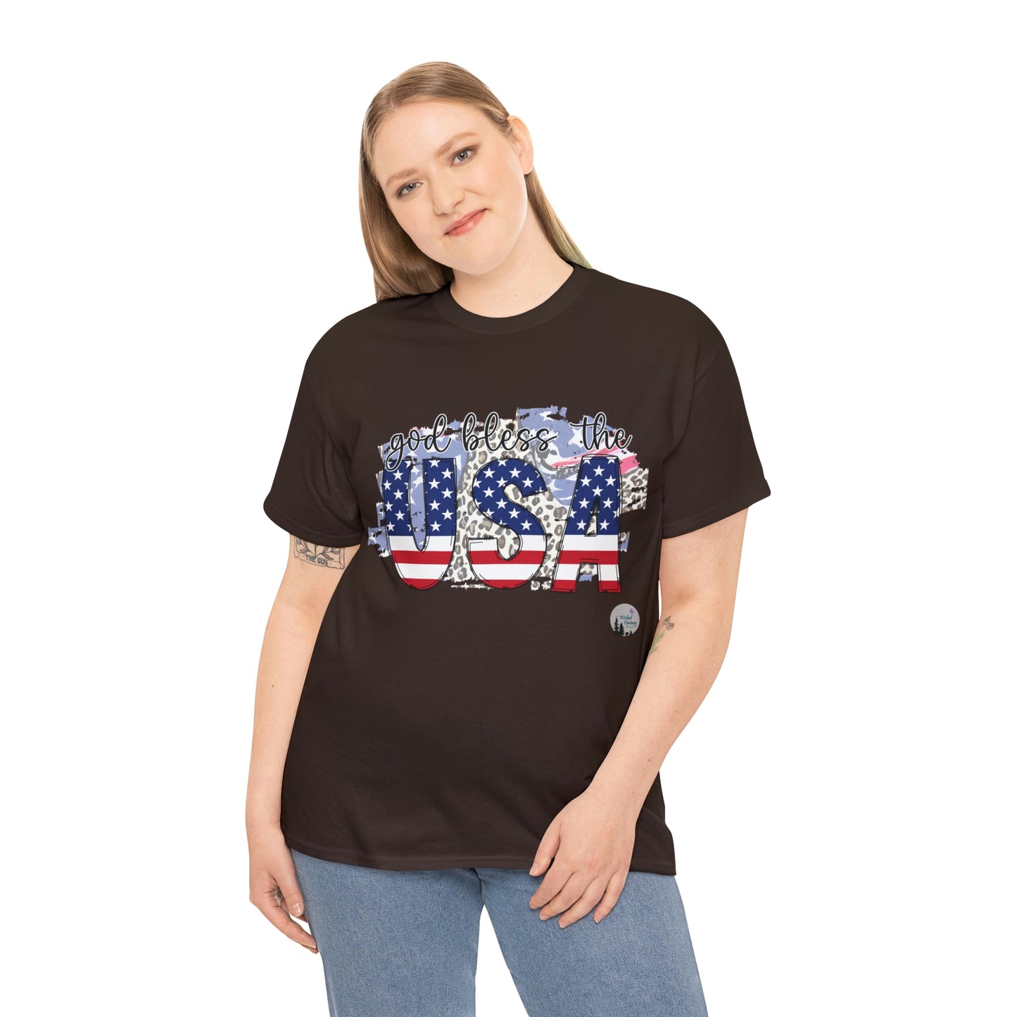 God Bless the USA Leopard American Flag Patriotic Heavy Cotton Tee