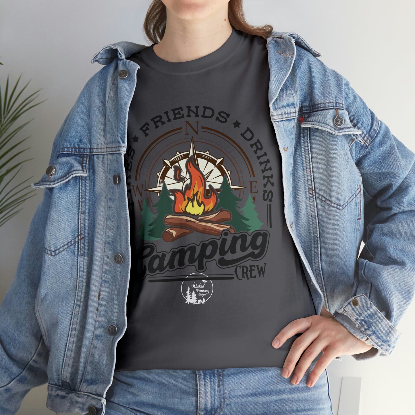 Camping Crew Fires Friends Drinks Outdoors Heavy Cotton Tee