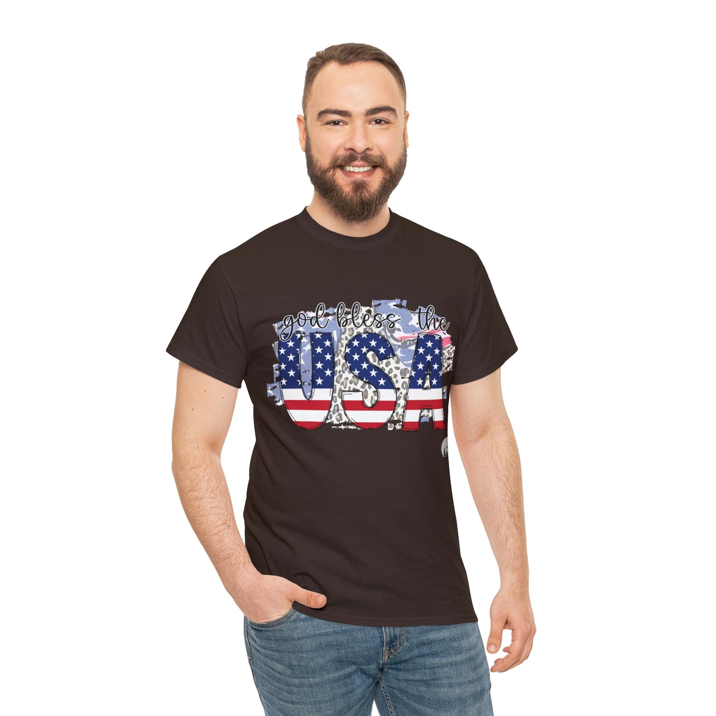 God Bless the USA Leopard American Flag Patriotic Heavy Cotton Tee