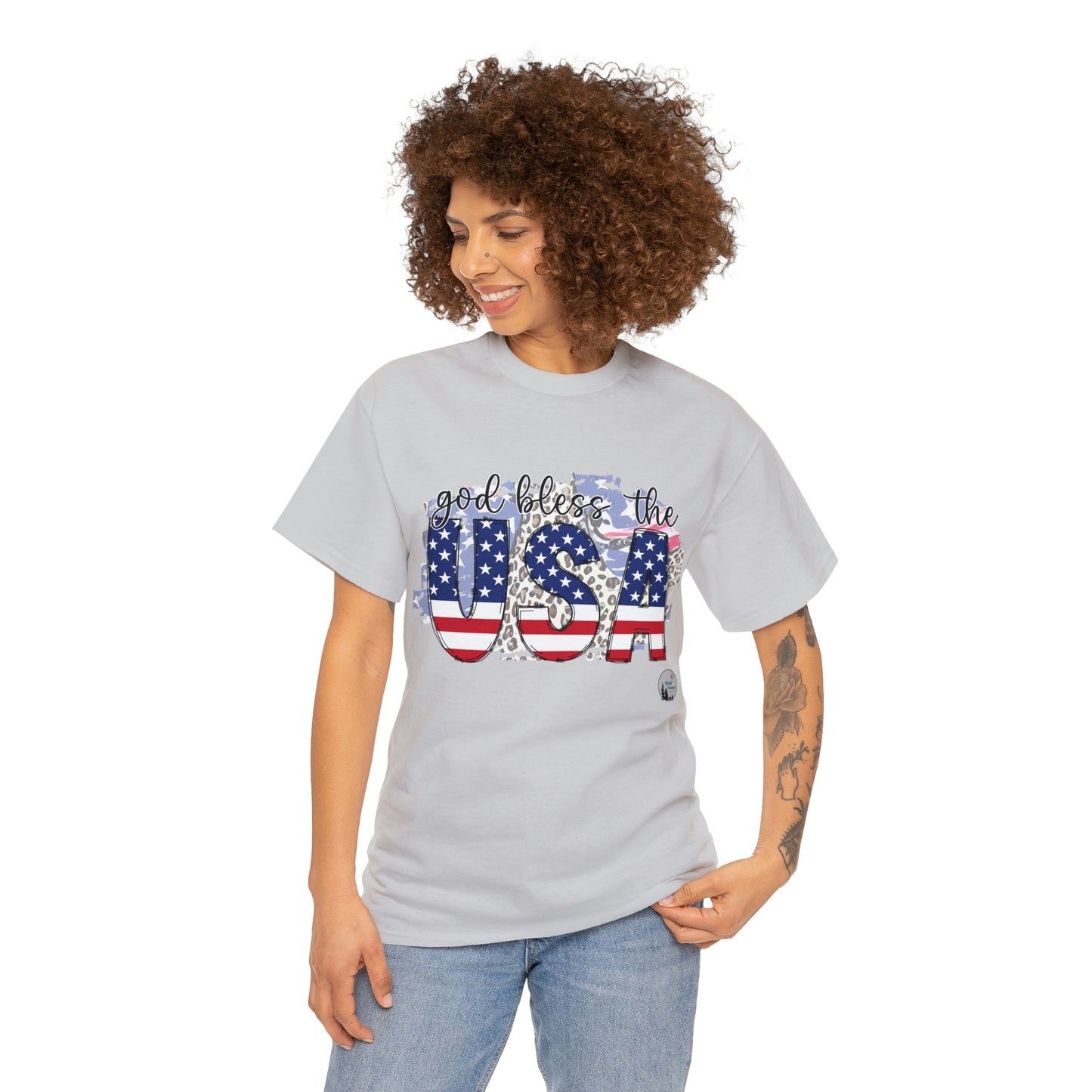 God Bless the USA Leopard American Flag Patriotic Heavy Cotton Tee