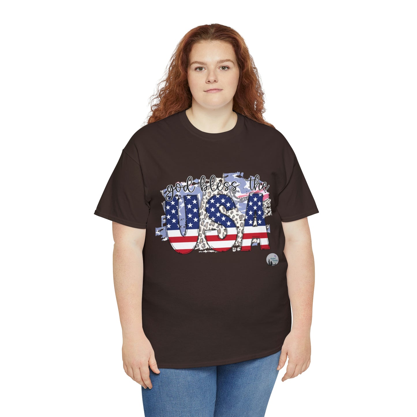 God Bless the USA Leopard American Flag Patriotic Heavy Cotton Tee