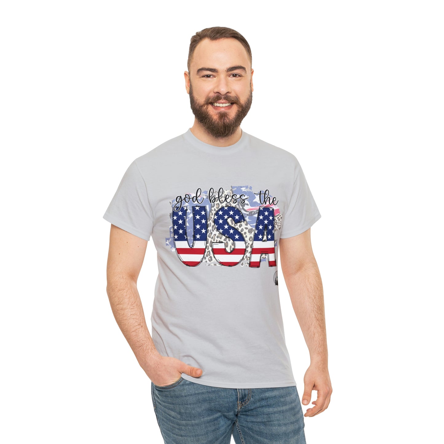 God Bless the USA Leopard American Flag Patriotic Heavy Cotton Tee