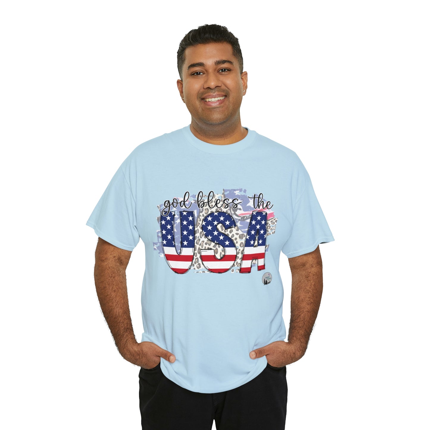 God Bless the USA Leopard American Flag Patriotic Heavy Cotton Tee