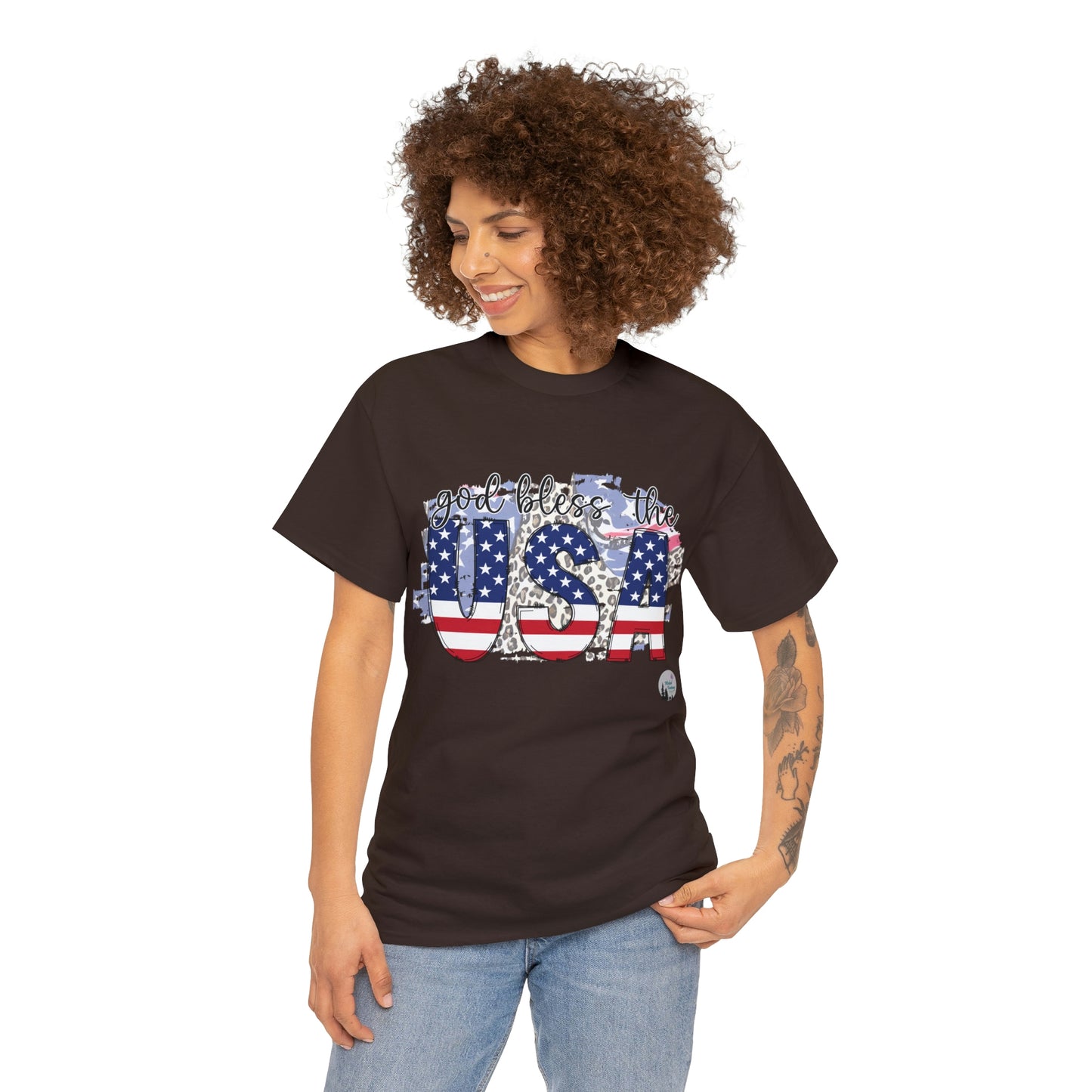 God Bless the USA Leopard American Flag Patriotic Heavy Cotton Tee