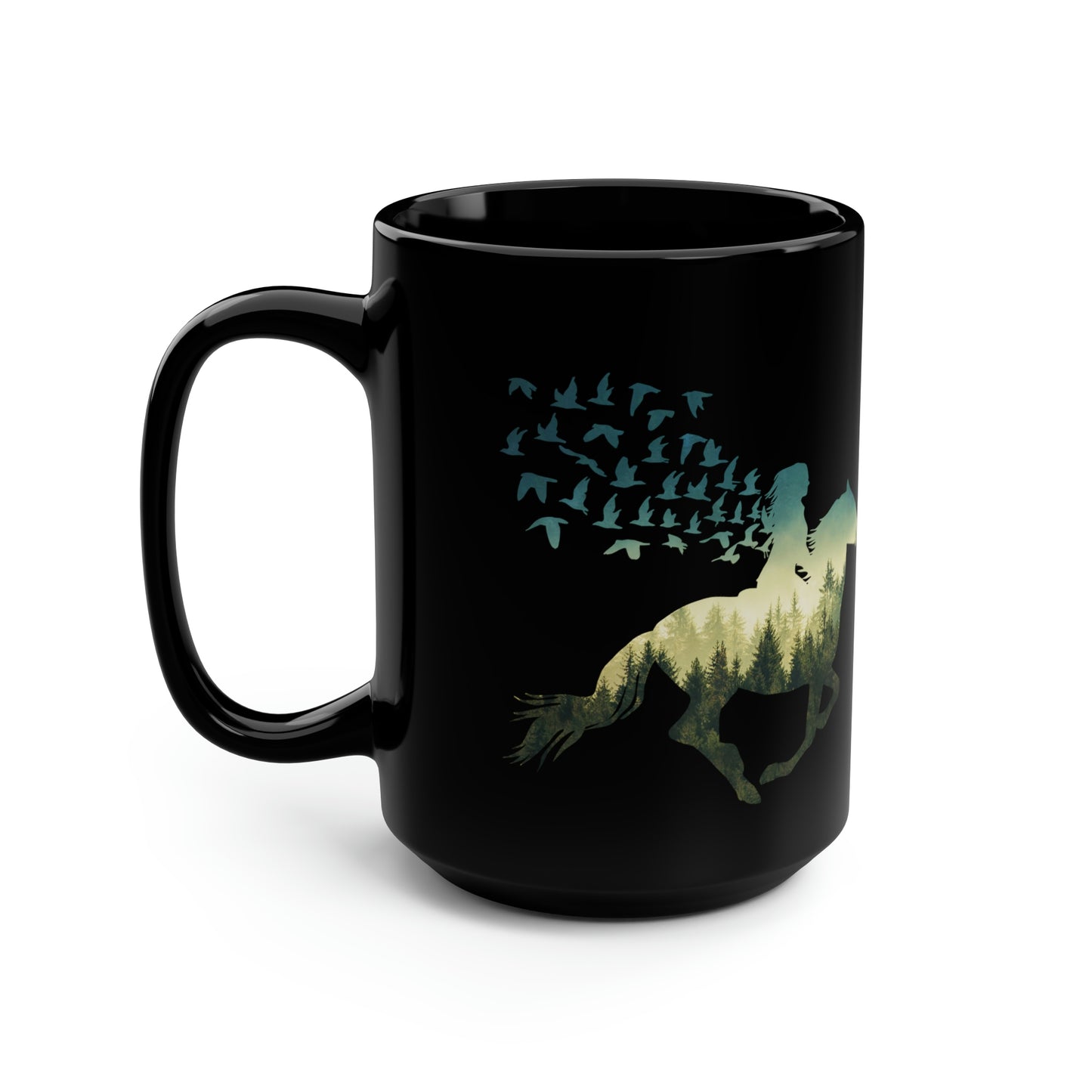 Horse and Rider Running Birds Flying Free Forest Mug, coffee tea black mug 15oz