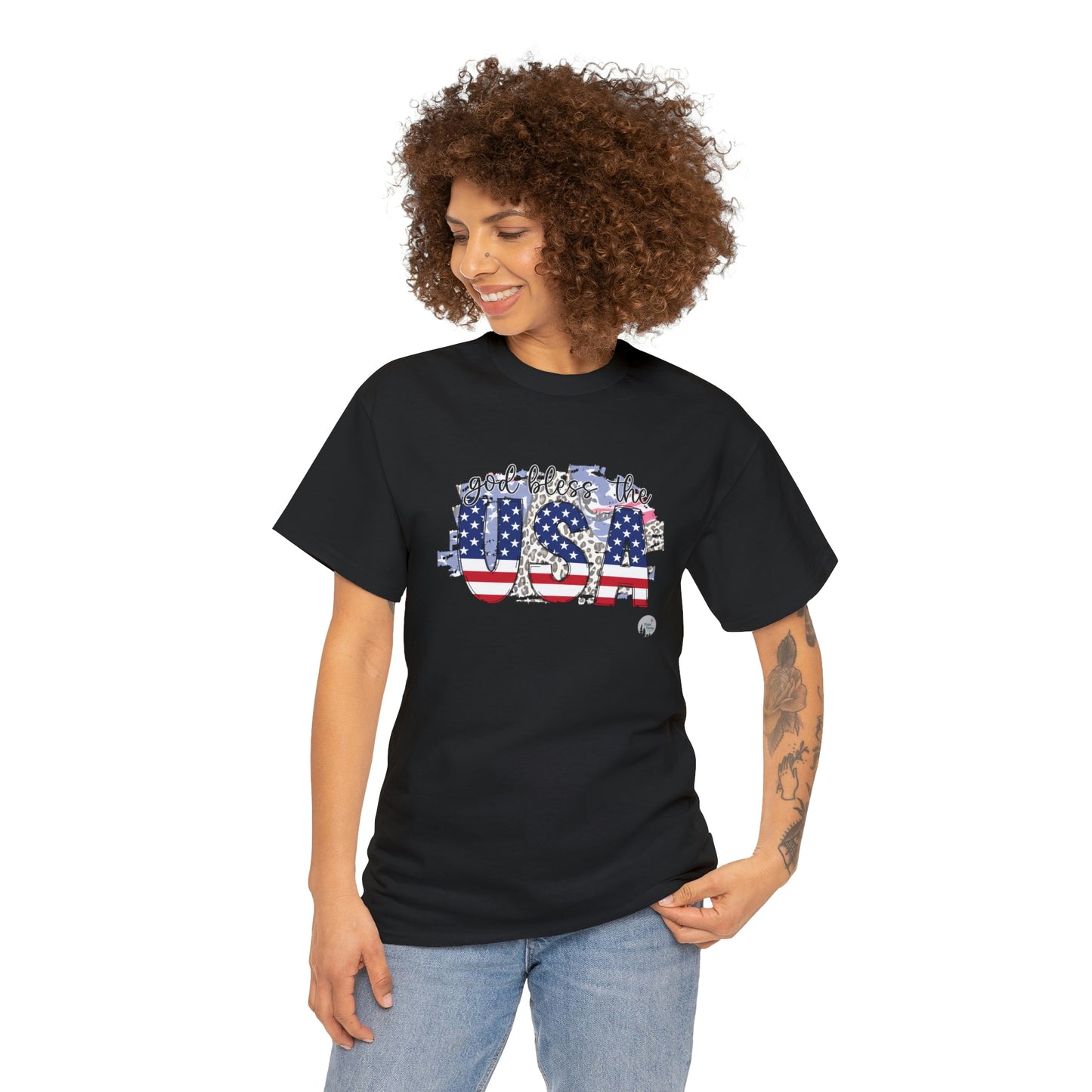 God Bless the USA Leopard American Flag Patriotic Heavy Cotton Tee