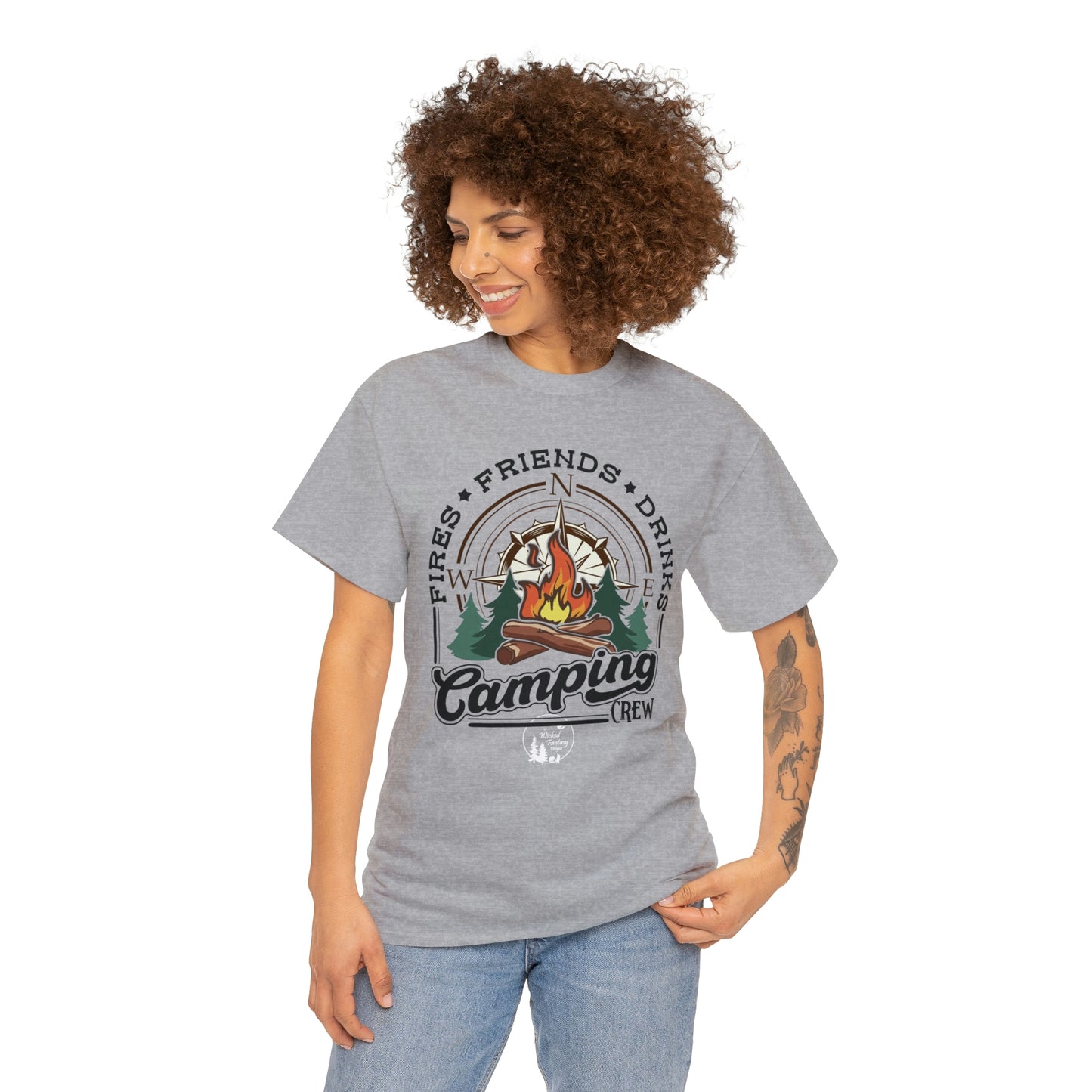 Camping Crew Fires Friends Drinks Outdoors Heavy Cotton Tee
