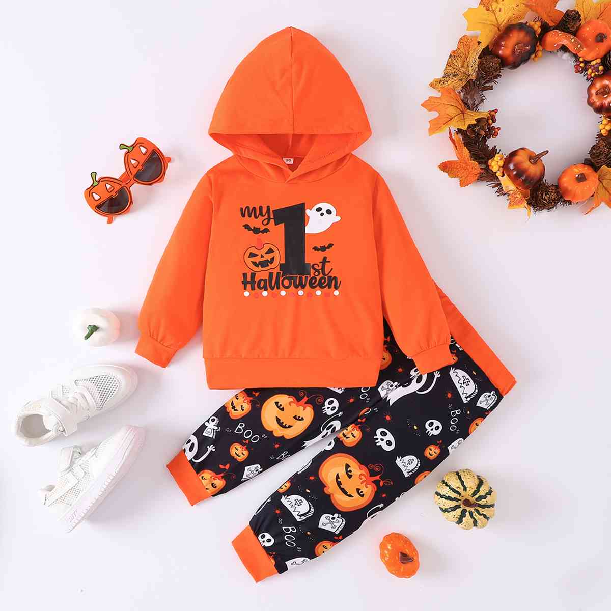 BOO Graphic Long Sleeve Hoodie and Printed Pants Set