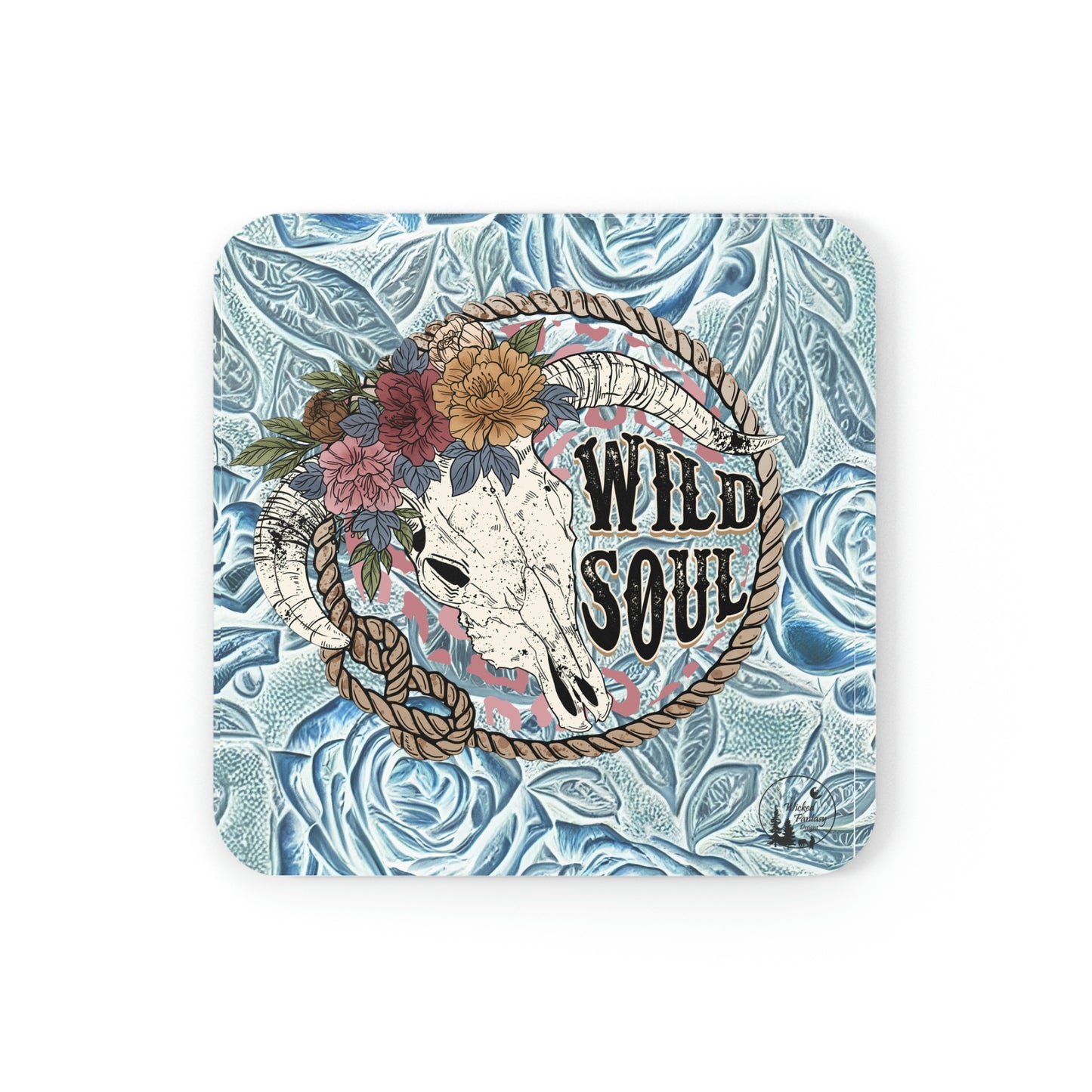 Copy of Wild Soul Teal Tooled Leather Design Western Shabby Chic Cork Back Coaster