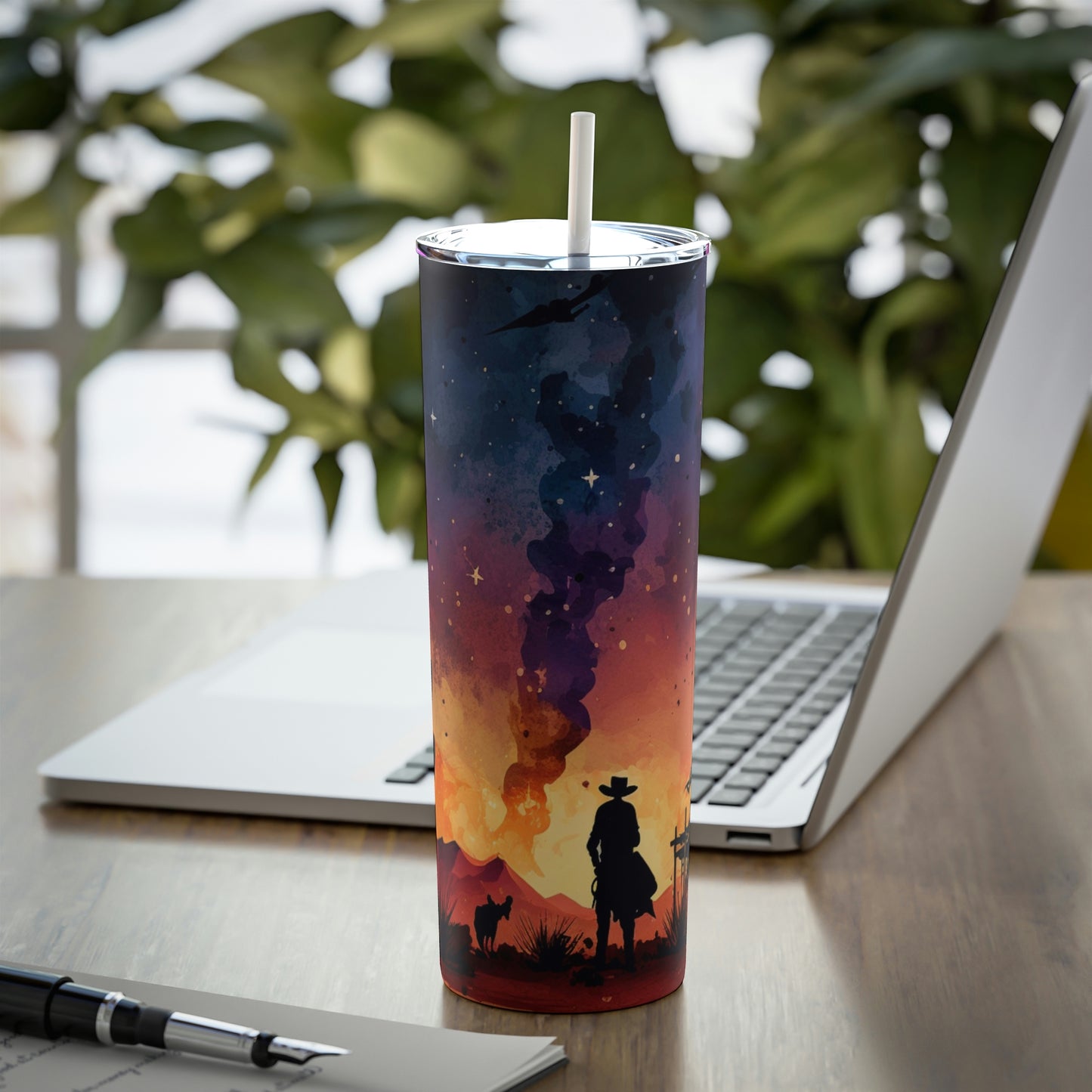 Wild West Sunset Southwest Cowboy Steel Tumbler with Straw, 20oz