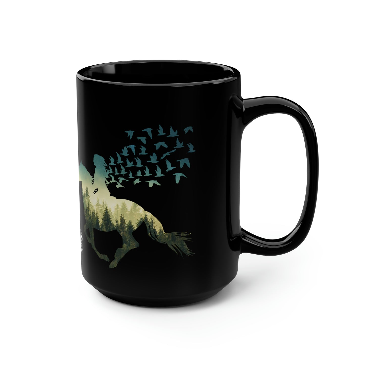 Horse and Rider Running Birds Flying Free Forest Mug, coffee tea black mug 15oz