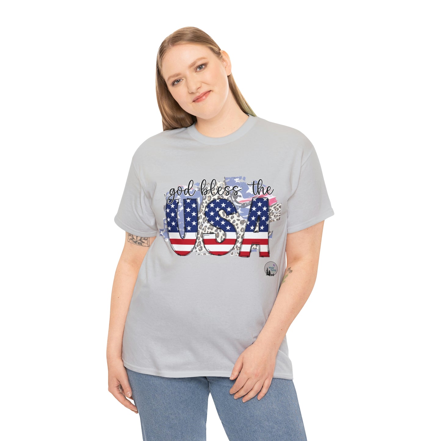 God Bless the USA Leopard American Flag Patriotic Heavy Cotton Tee