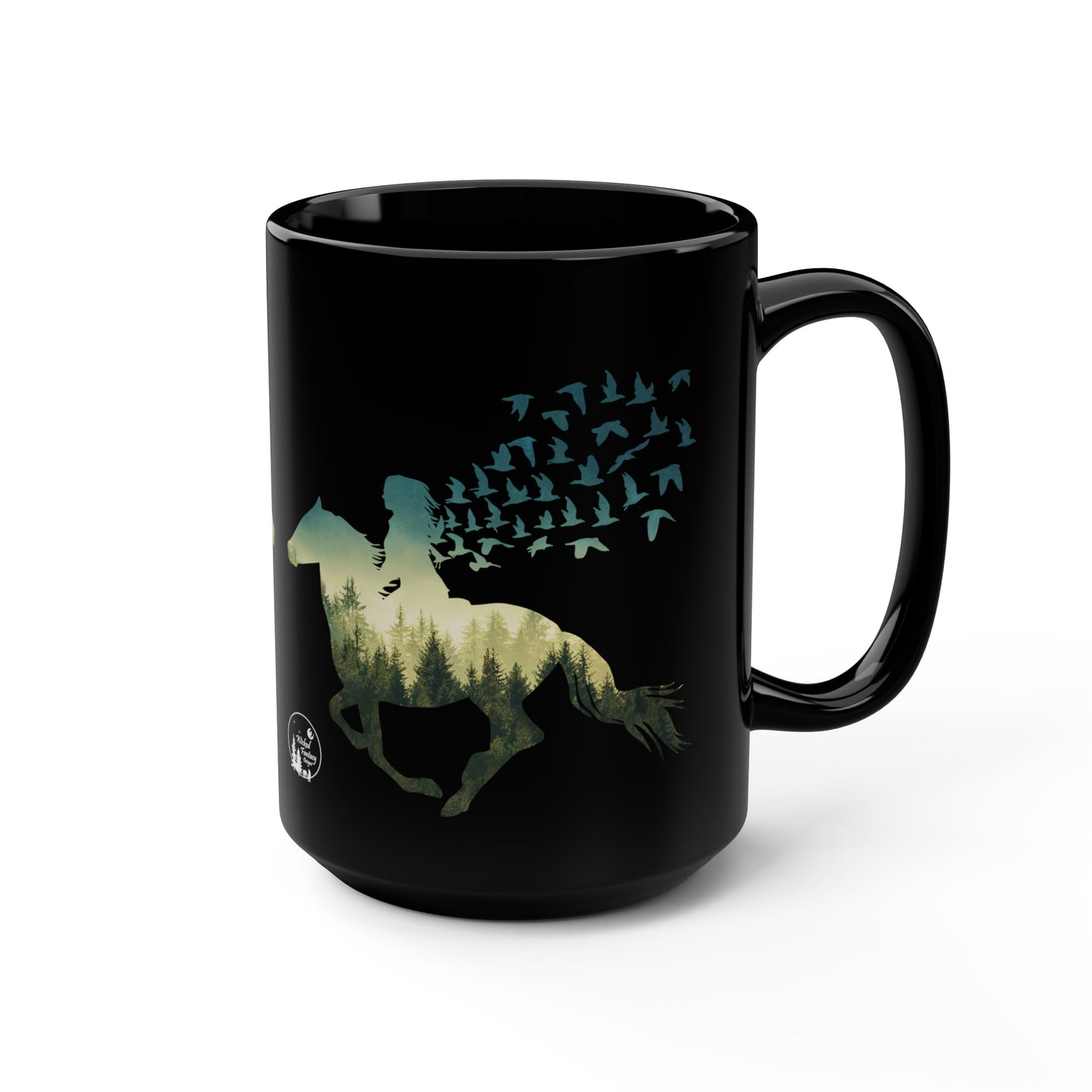 Horse and Rider Running Birds Flying Free Forest Mug, coffee tea black mug 15oz