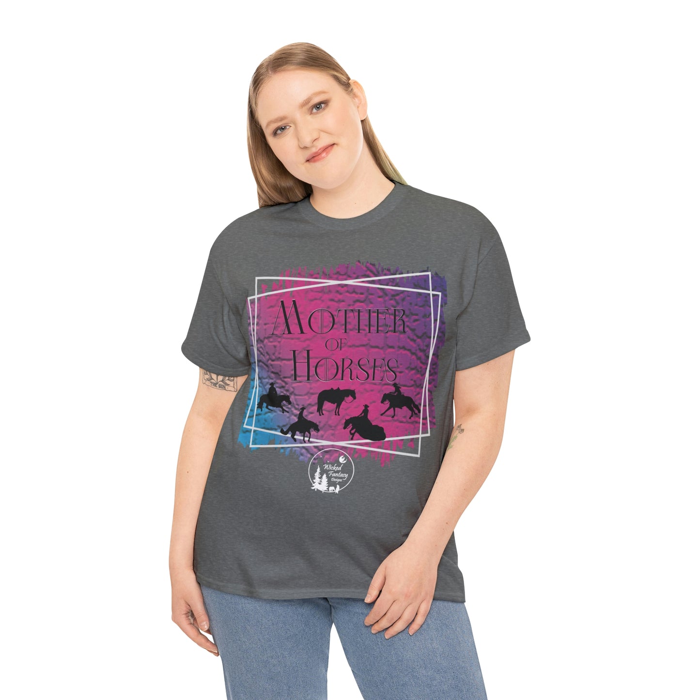 Mother Of Horses Western Performance Reining Cutting Cow Horse Pink Teal Heavy Cotton Tee