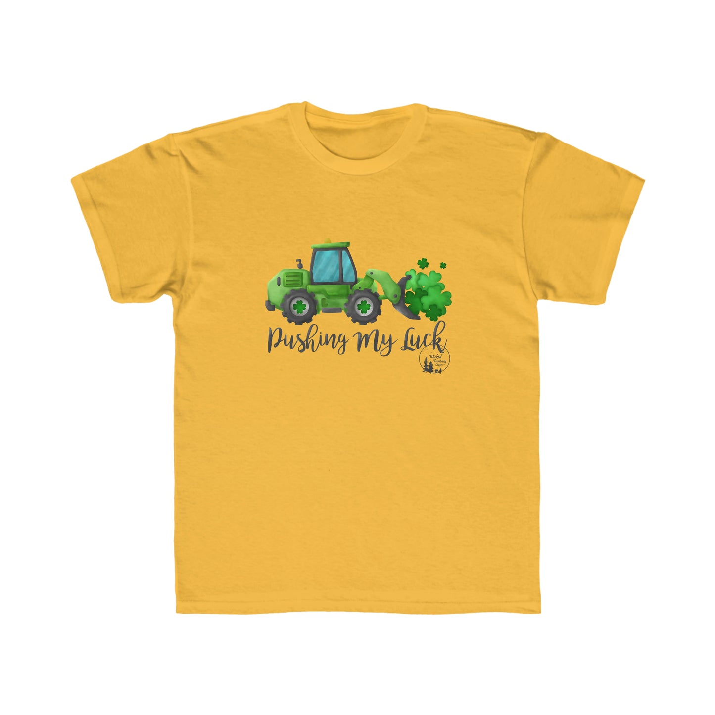Pushing My Luck Green Tractor Loader Shamrock Kids Regular Fit Tee