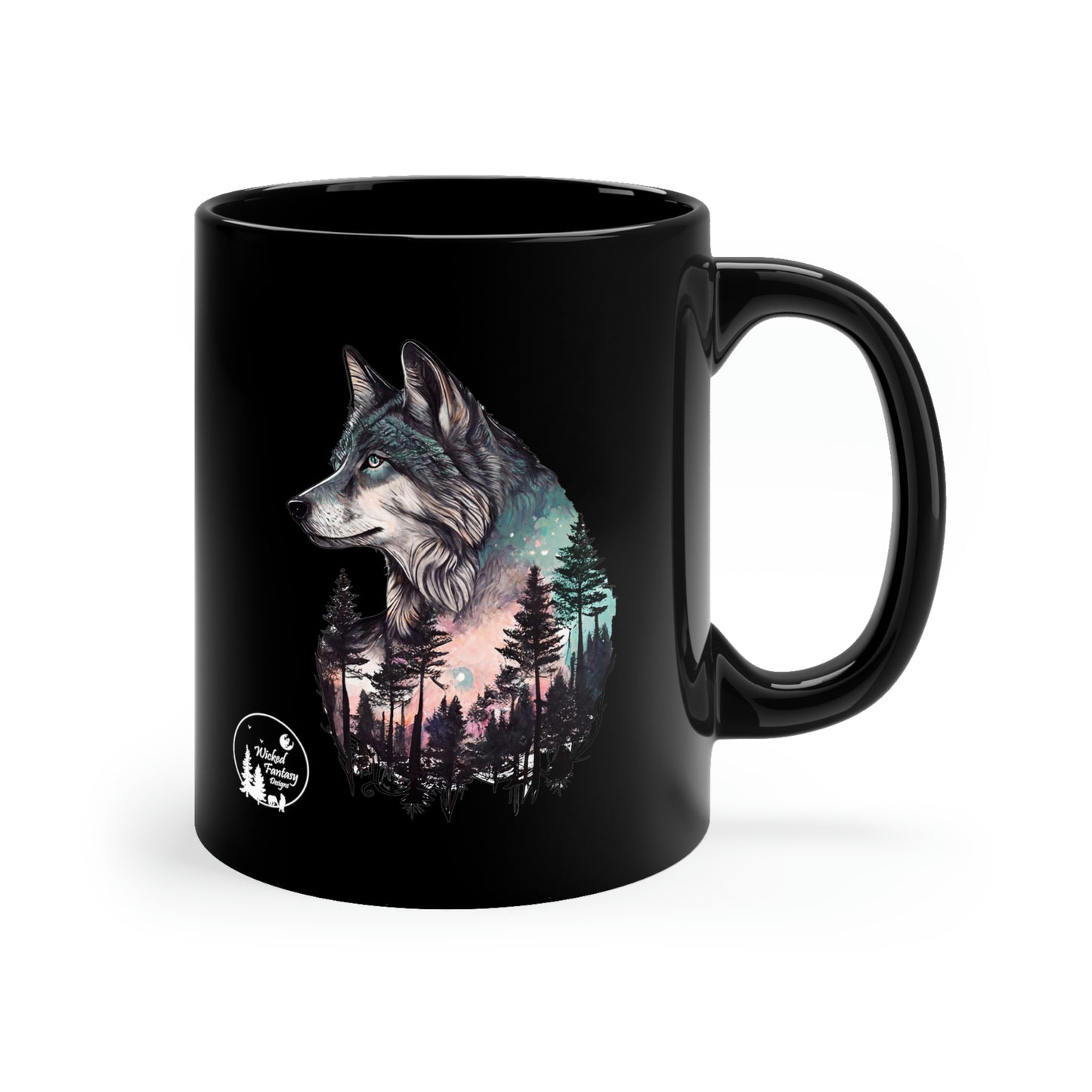 Wolf Forest Mountains Painting 11oz Black Mug