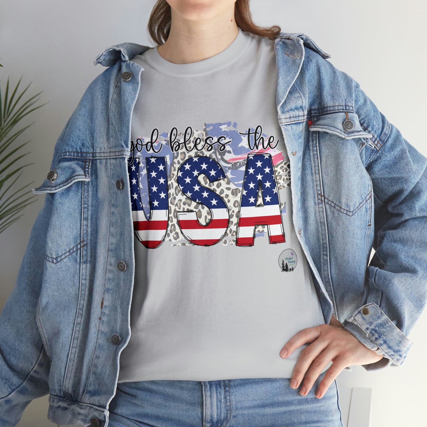 God Bless the USA Leopard American Flag Patriotic Heavy Cotton Tee