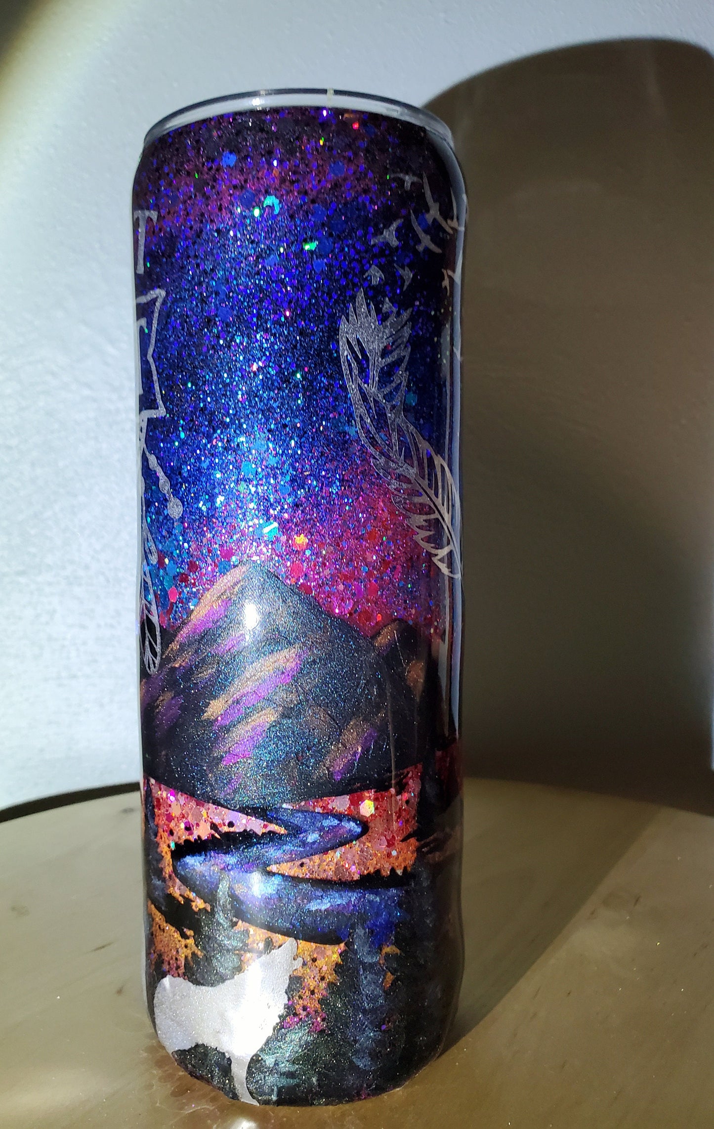 Sunset Forest Mountains Wild at Heart Custom Hand Painted Glitter Tumbler