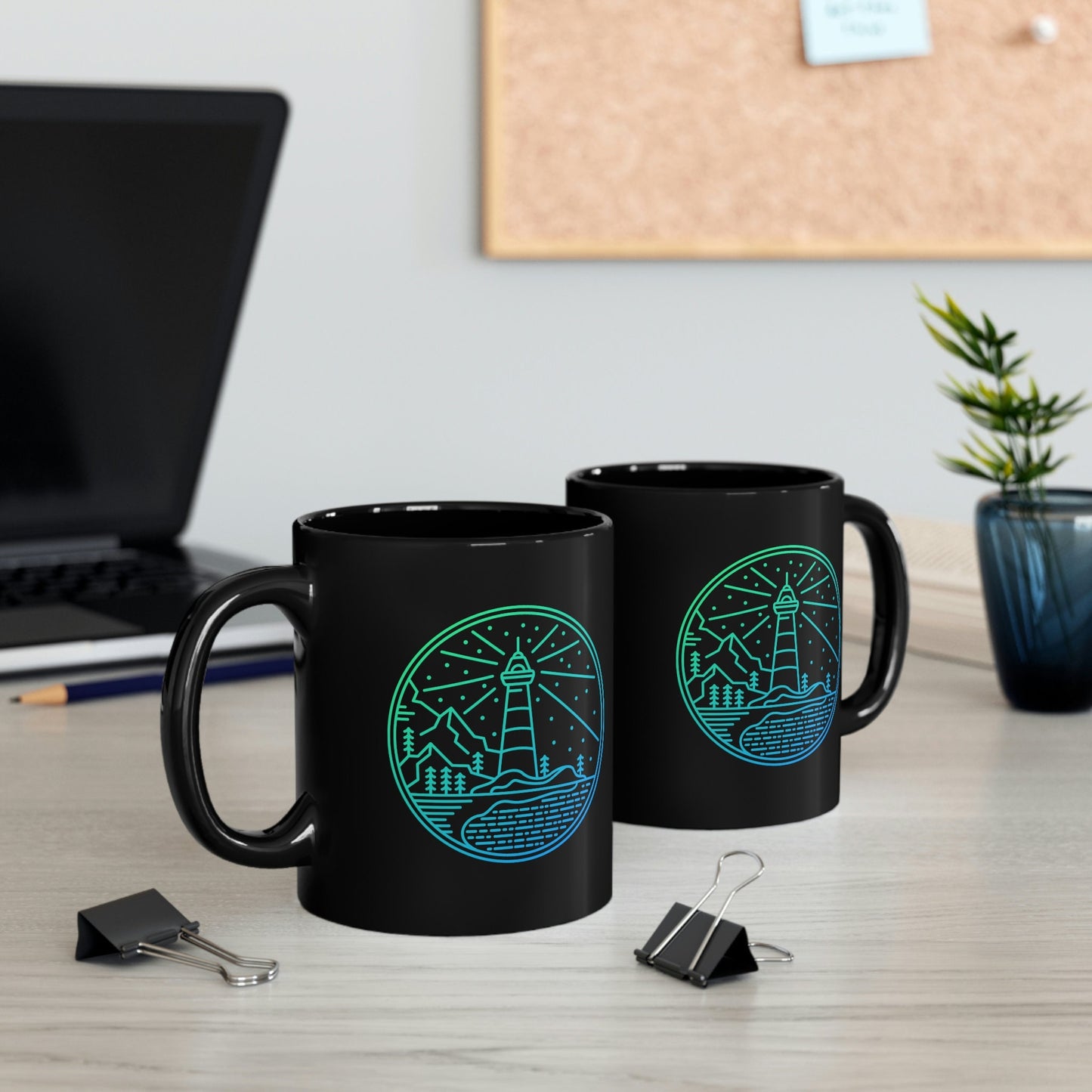 Teal Lighthouse Sea and Mountains 11oz Black Mug