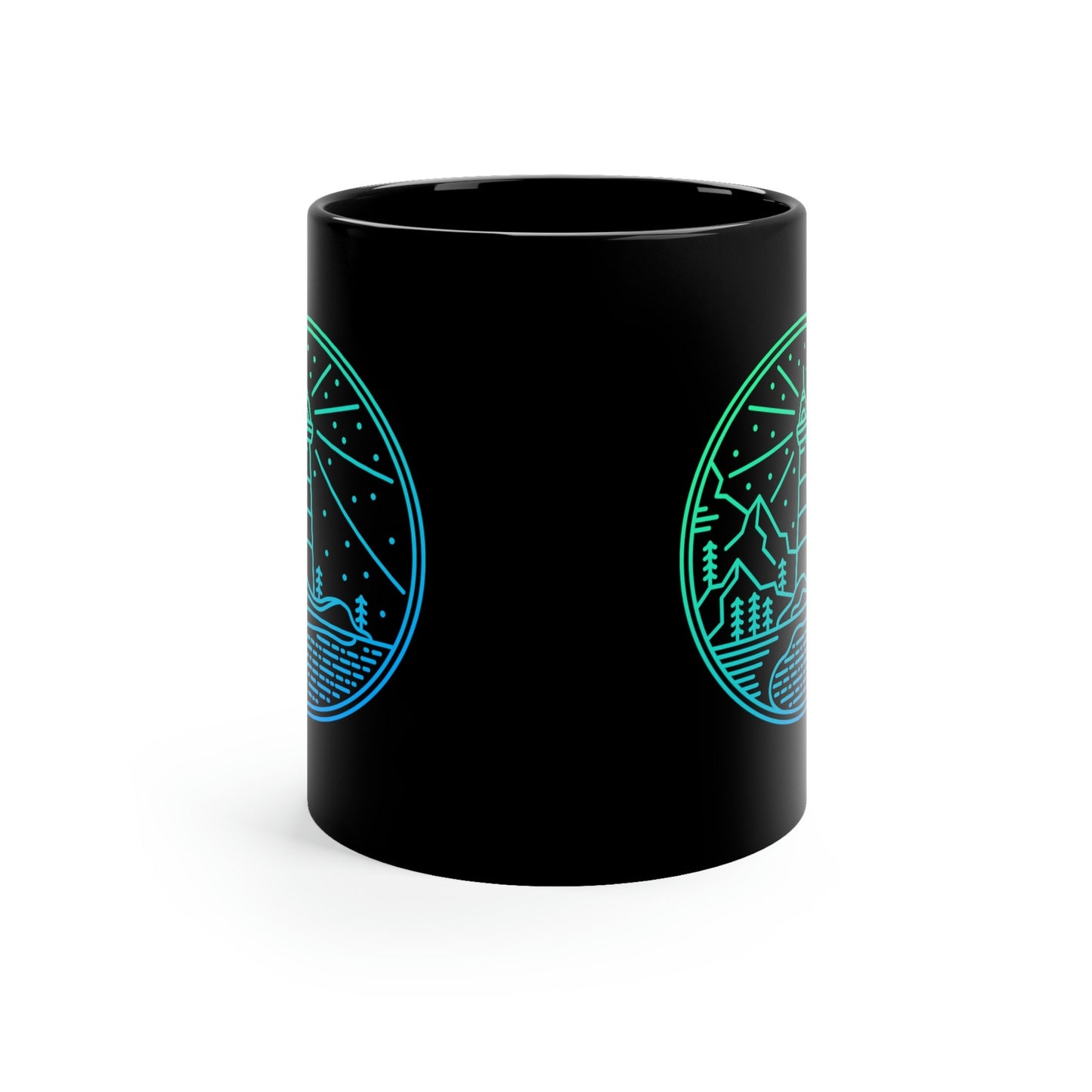 Teal Lighthouse Sea and Mountains 11oz Black Mug