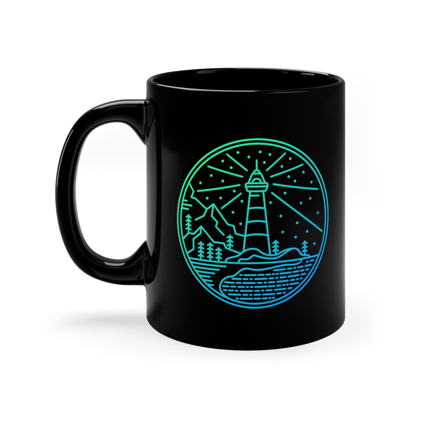 Teal Lighthouse Sea and Mountains 11oz Black Mug