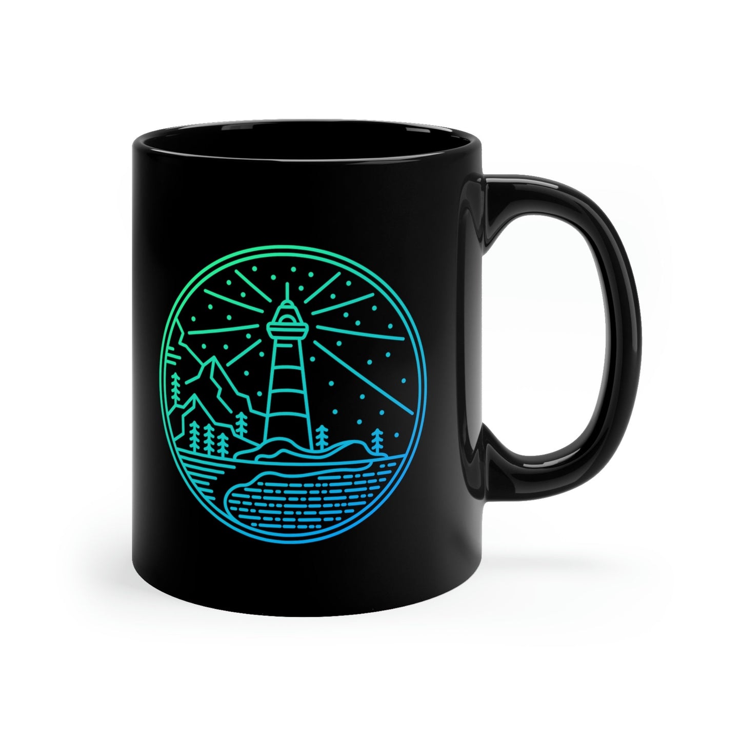 Teal Lighthouse Sea and Mountains 11oz Black Mug