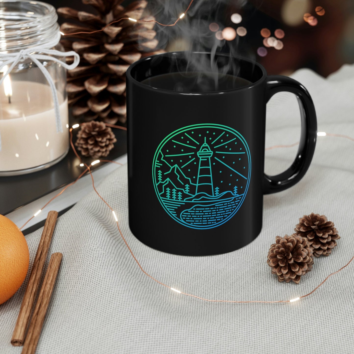 Teal Lighthouse Sea and Mountains 11oz Black Mug