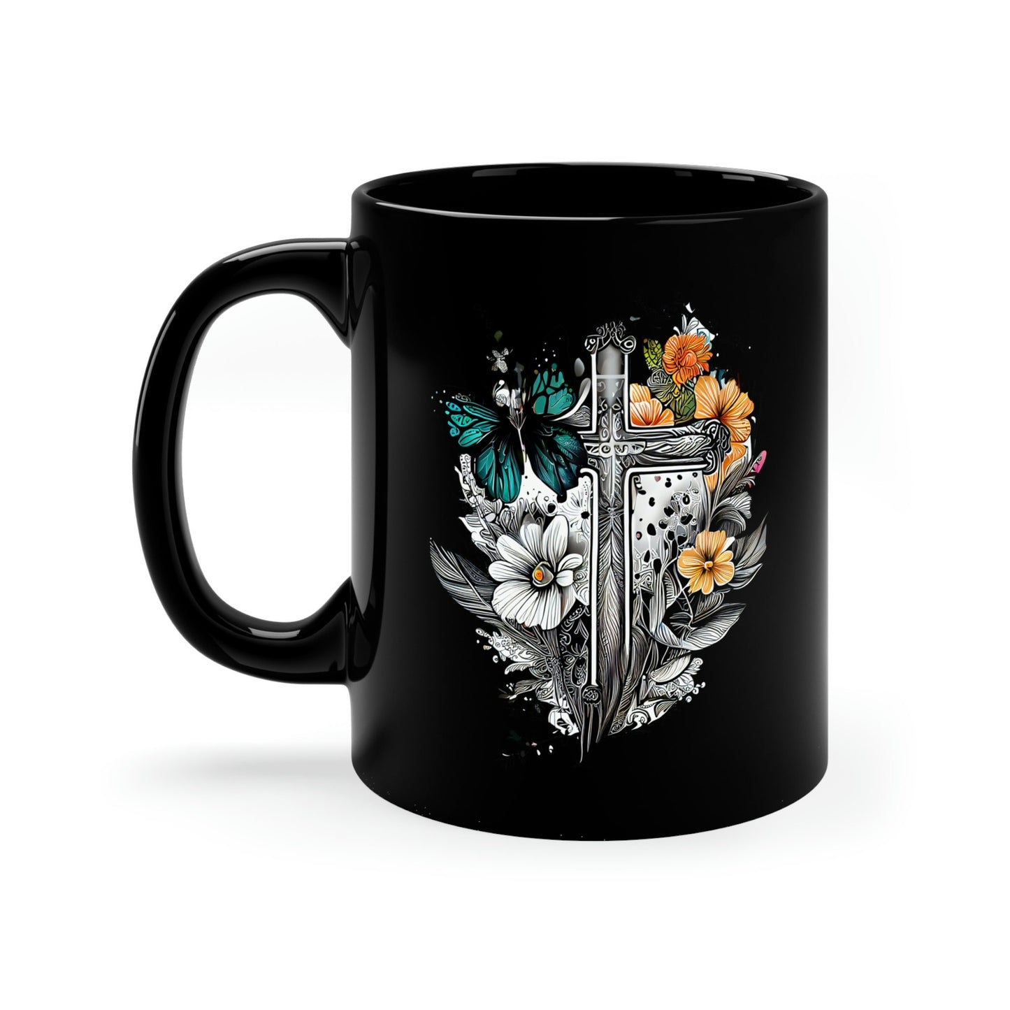 Cross with Butterflies and Flowers 11oz Black Mug