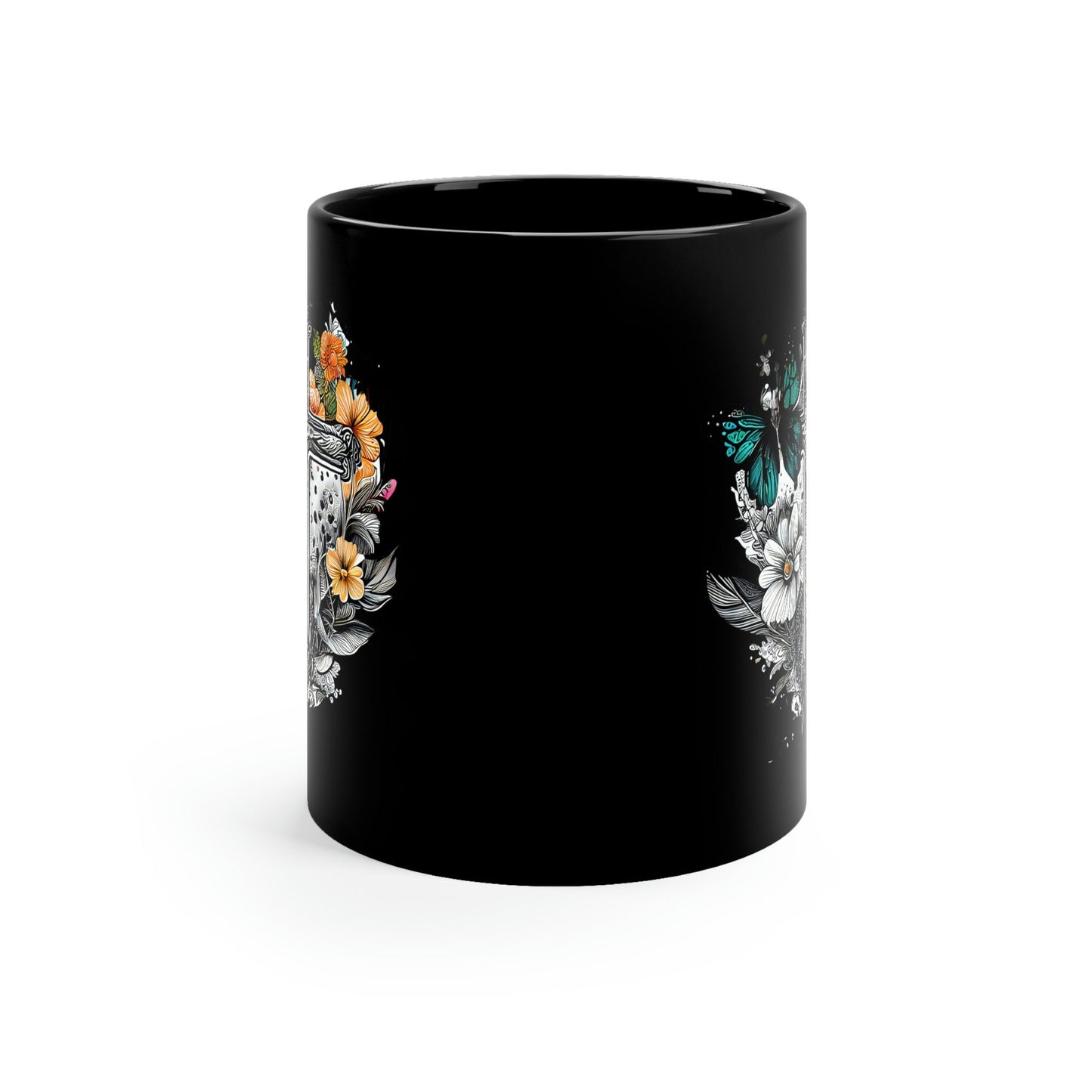 Cross with Butterflies and Flowers 11oz Black Mug